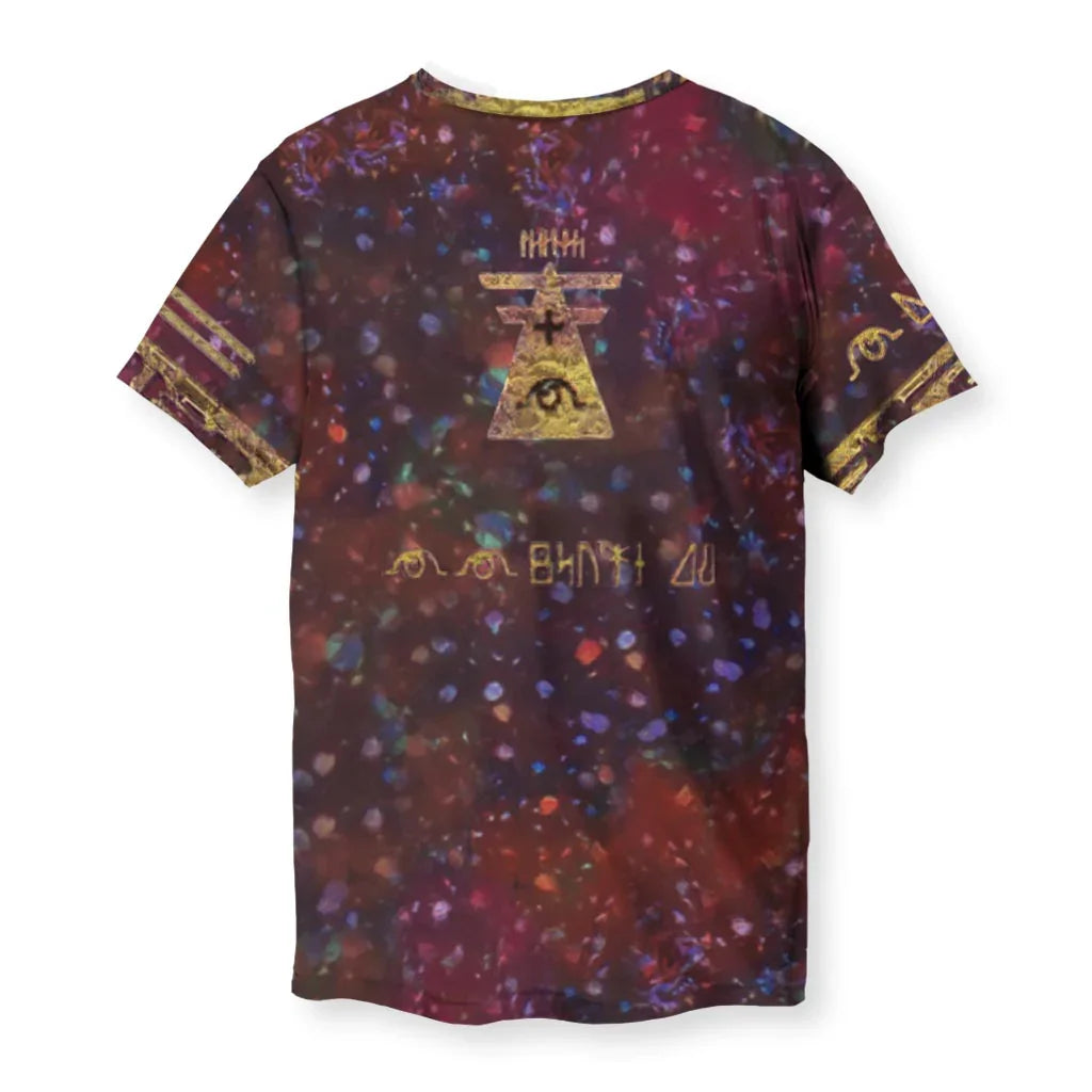 1st Edition Holographic T-Shirt - The illegible, faux-Egyptian runic text framed by **archeological gold (#C5A059)** borders against the distinct **crushed-foil galaxy background** in **deep burgundy void (#4A0E2E)** speckled with **electric nebula blues (#4169E1)** and **magenta stardust (#FF00FF)**, instantly recalling the texture of the 2000 promotional movie card.