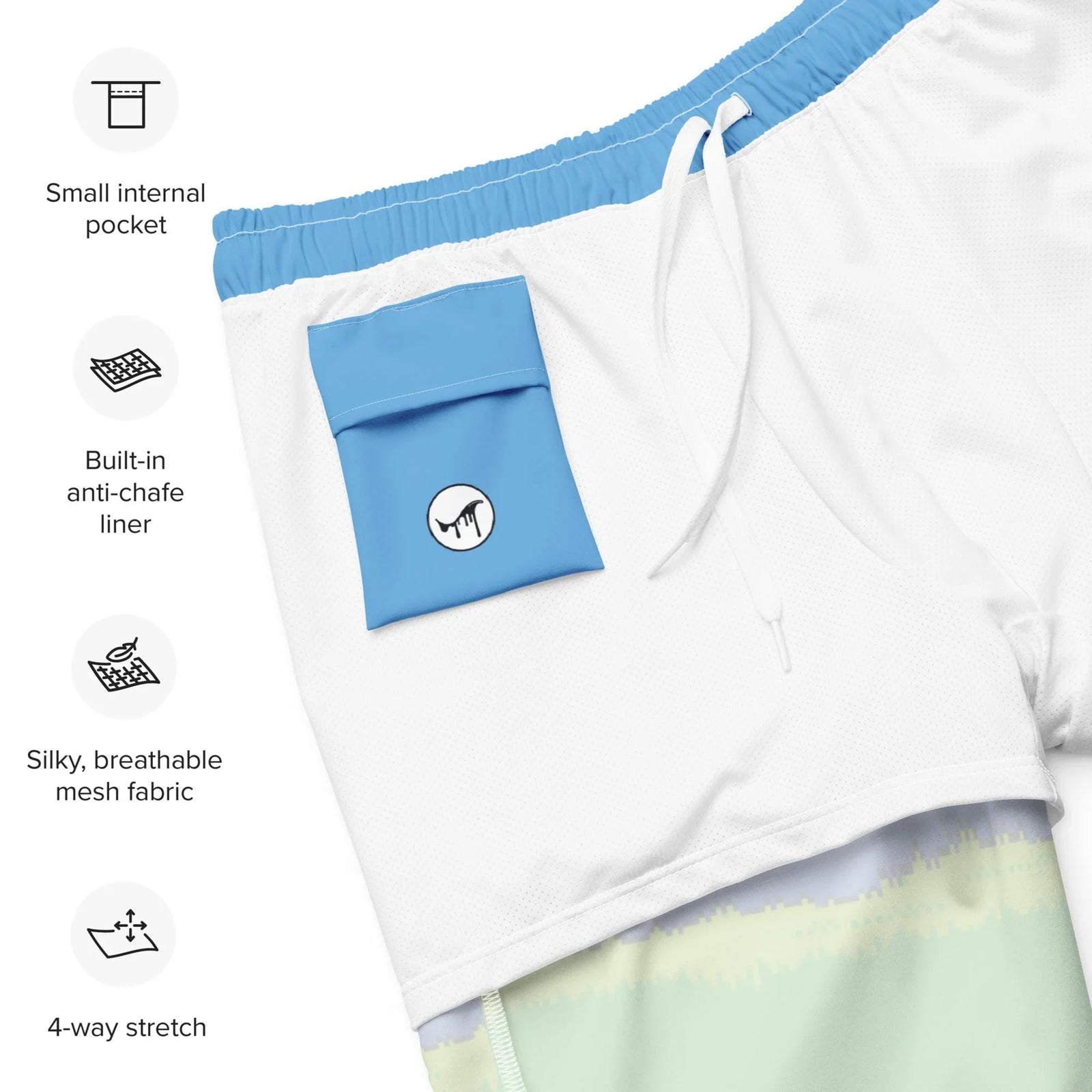 8-bit Ocean Men's Swim Shorts - The jagged, hard-edged aliasing on the #89CFF0 sky and #E6E6FA clouds contrasted against the blocky stepping of the #32CD32 lime green ground tiles.