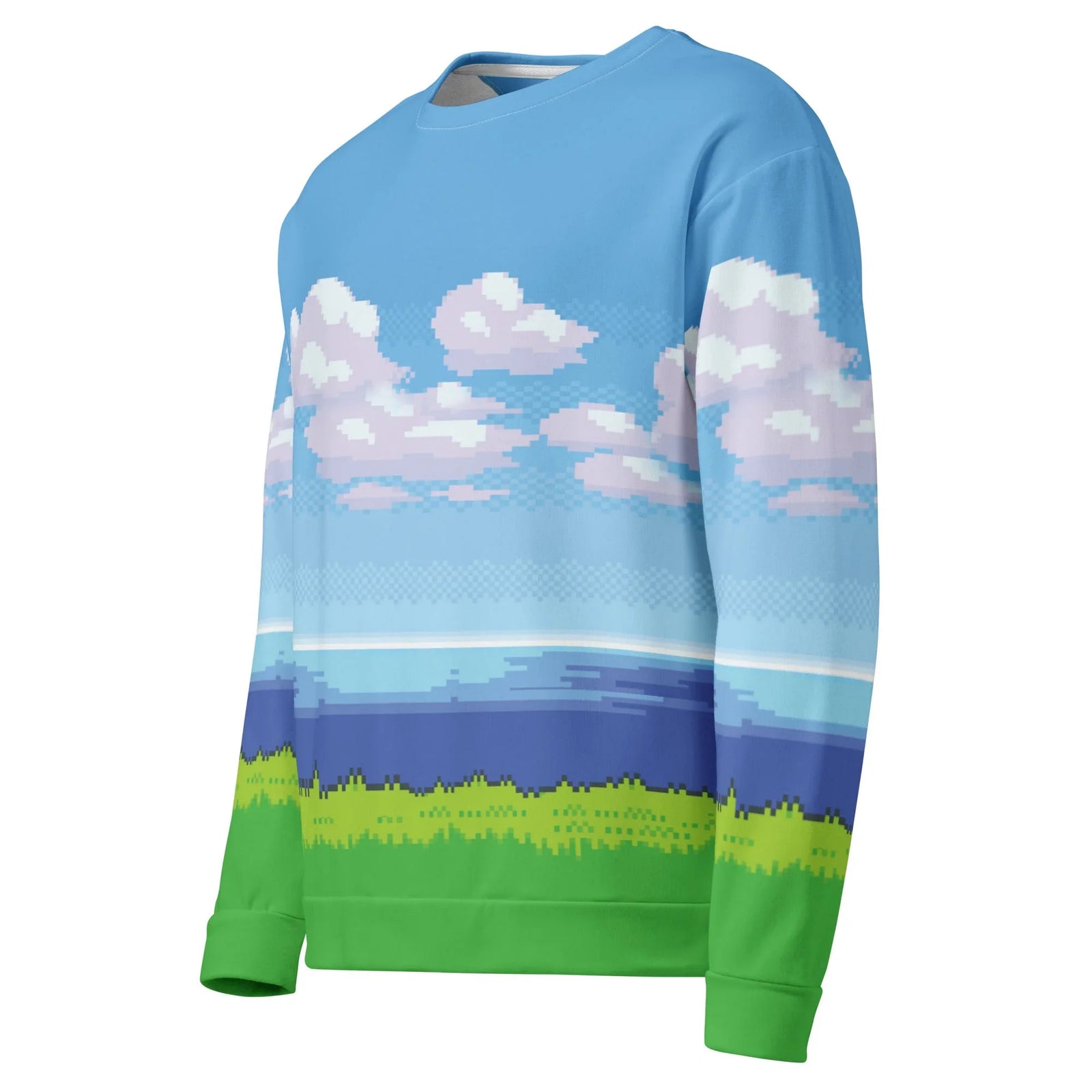 8-Bit Ocean Sweatshirt in Retro Platformer Azure. OEKO-TEX® 100, REACH Compliant, GRS Certified.