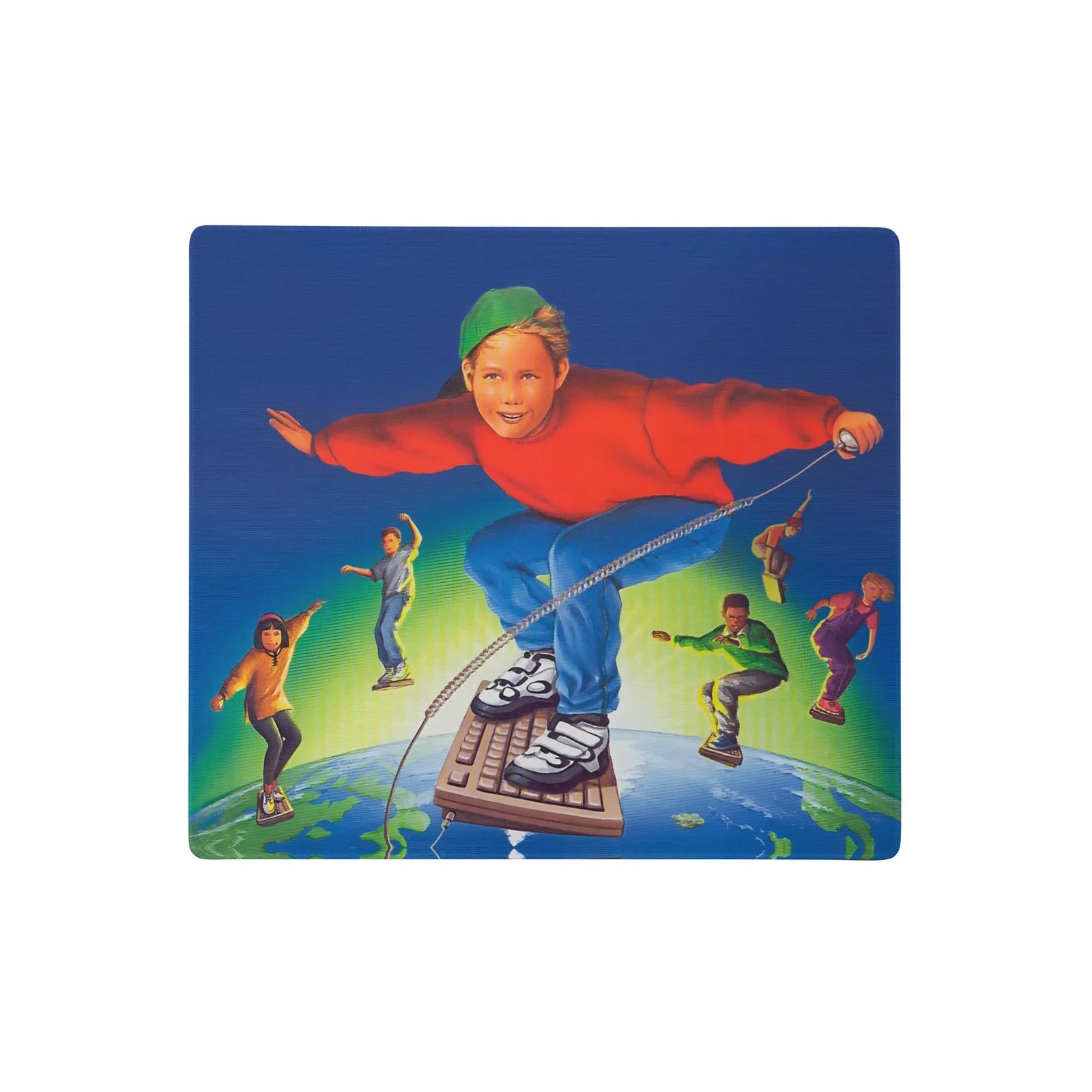 90s Internet Kid Desk Mats - The literal visualization of the "surfing the web" metaphor featuring a beige keyboard (#E3D9C6) surfboard and the classic crimson sweater (#CC2229) generic mascot attire.