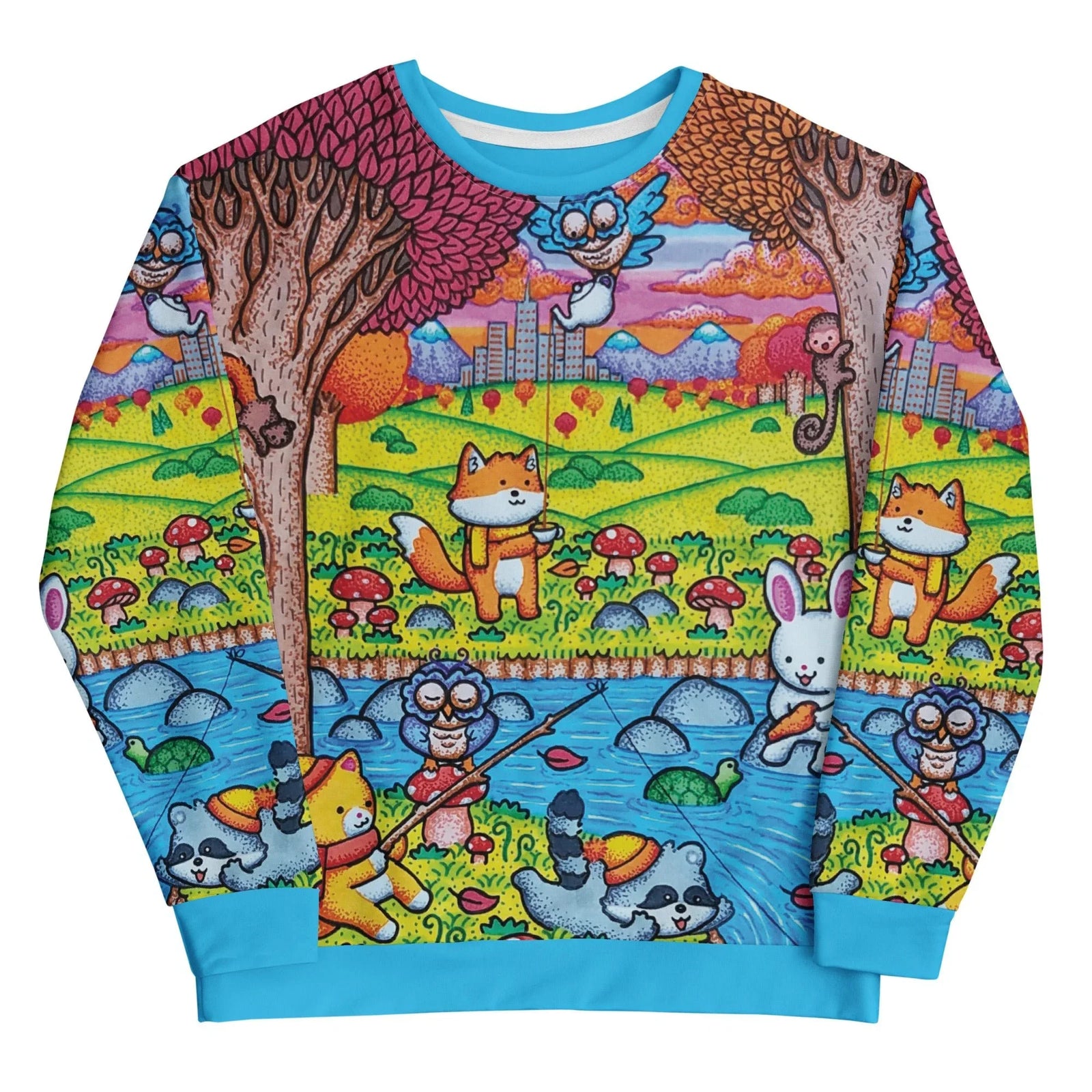 A whimsical, storybook-style landscape unfolds with a hand-drawn, comic-book aesthetic across rolling hills of chartreuse meadow green. Contact us with accessibility feedback, we'd love to help!