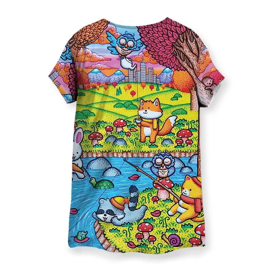 A Wonderful Fall Evening Women's Tee - The heavy black ink outlines contrasting against the pointillist "chartreuse meadow" (#DFFF00) textures, "vivid cyan river" (#00BFFF) flow, and "magenta foliage" (#C71585) accents, creating an immediate "finished sketchbook" effect