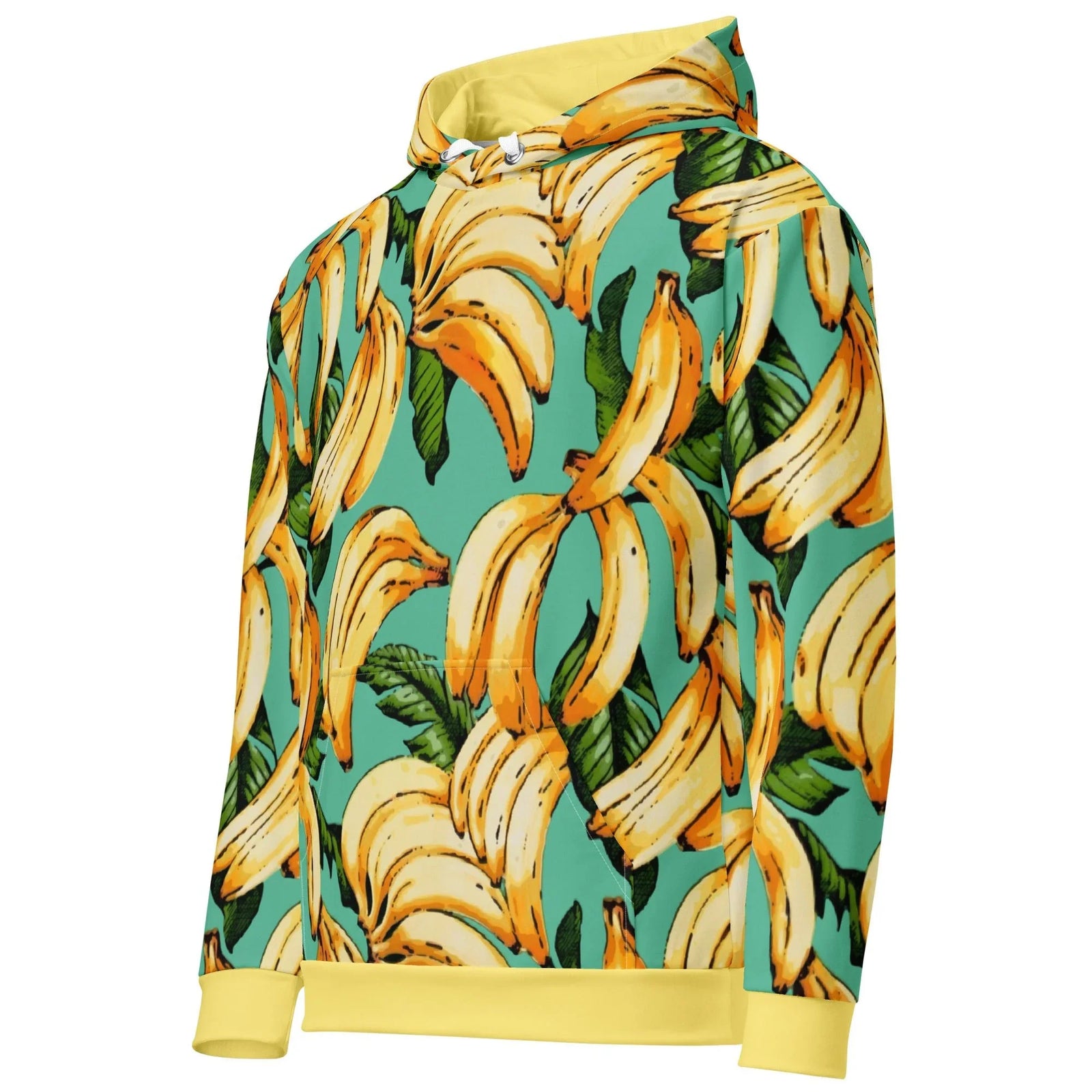 Banana Pattern Hoodie - The vibrating contrast between the cool mint teal background (#4DB6AC) and the deep amber shadows (#FFB300) of the banana clusters.