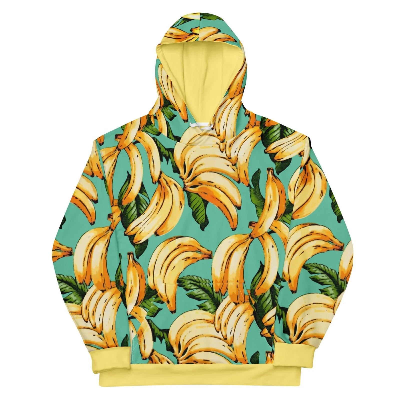 A vibrant, high-energy tropical design explodes against a cool mint teal backdrop, featuring a chaotic array of ripe banana bunches and jagged dark jungle green leaves. Contact us with accessibility feedback, we'd love to help!