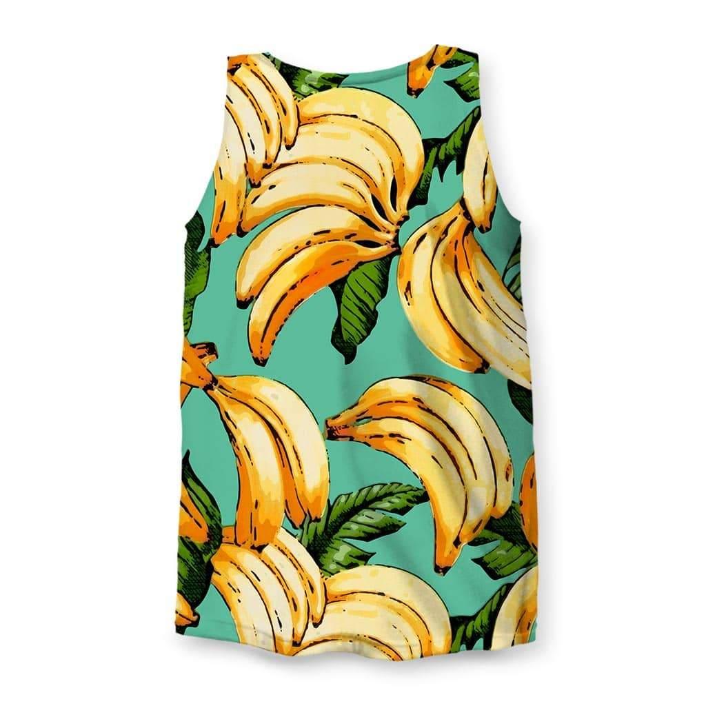Banana Pattern Men's Tank - The high-contrast collision of ripe #FDD351 banana clusters with heavy ink outlines set against the vivid #40B5A8 tropical teal field.
