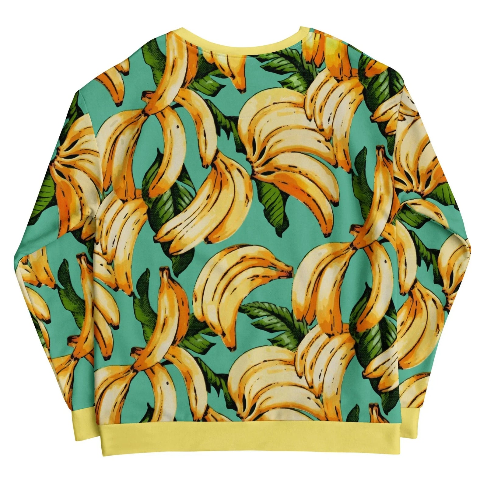Banana Pattern Sweatshirt - The aggressive high-contrast blocking between the ripe sun-yellow fruit skins (#FDD835) and the saturated vintage teal canvas (#4DB6AC), framed by the unexpected pale yellow ribbing (#FFF59D)