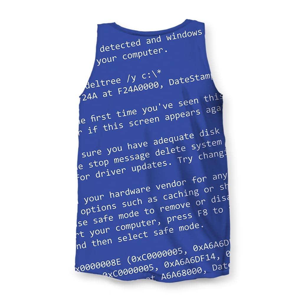 BSOD Men's Tank - The anxiety-inducing saturation of Fatal Error Cobalt (#0000AA) paired with the stark, jagged white monospaced serif font (#FFFFFF) distinctive to VGA text modes.