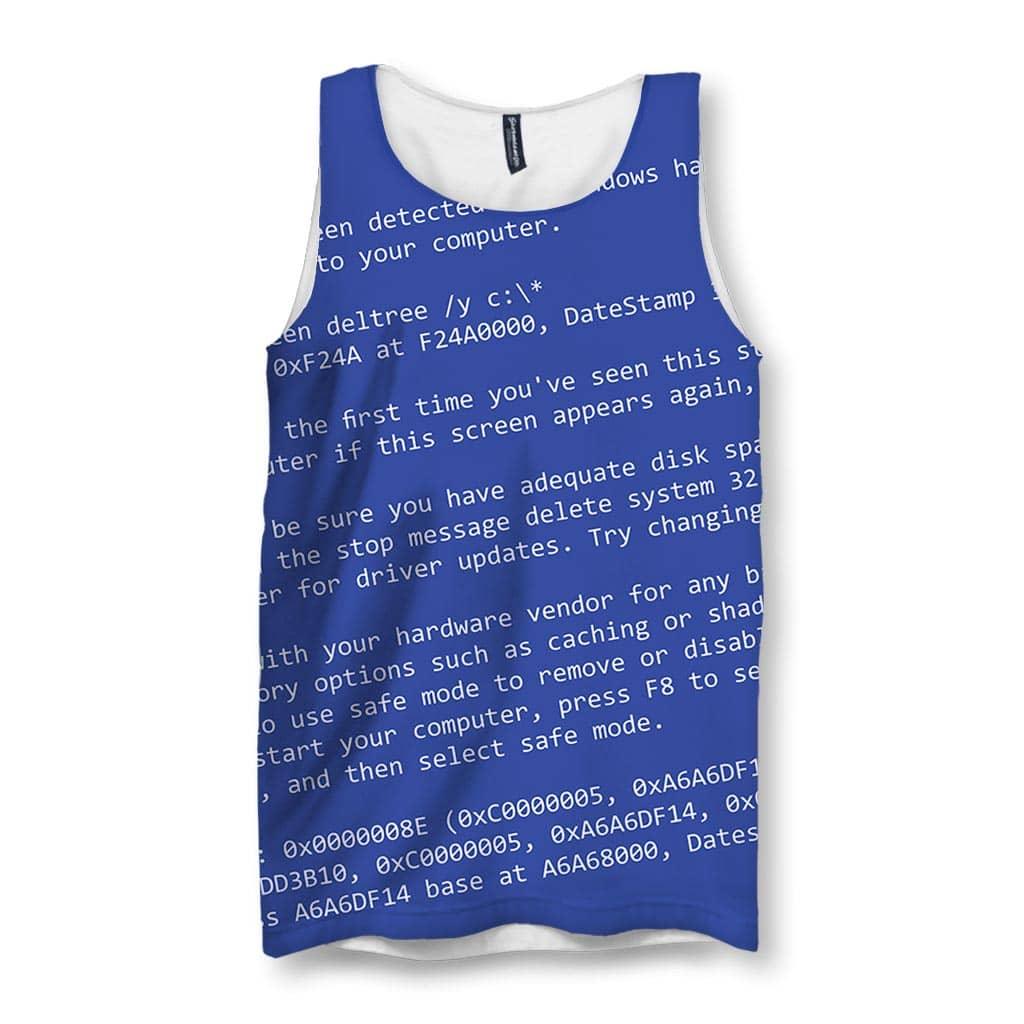 This tank showcases a Fatal Error Cobalt blue screen plastered with Console Command White terminal text, recreating the infamous DOS-era system crash. Contact us with accessibility feedback, we'd love to help!
