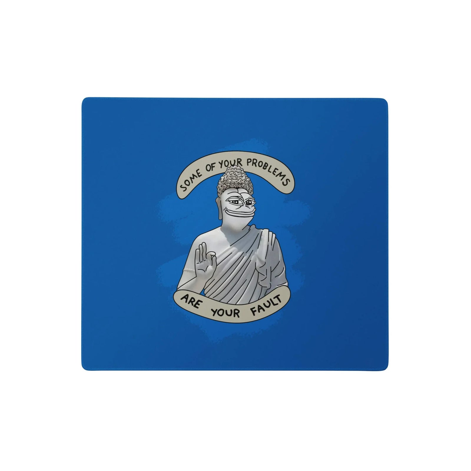 Buddha Desk Mats - The heavy-lidded "Granite Grey" (#B0B0B0) amphibian visage superimposed onto a classical deity silhouette against the Cobalt Azure (#185694) field.