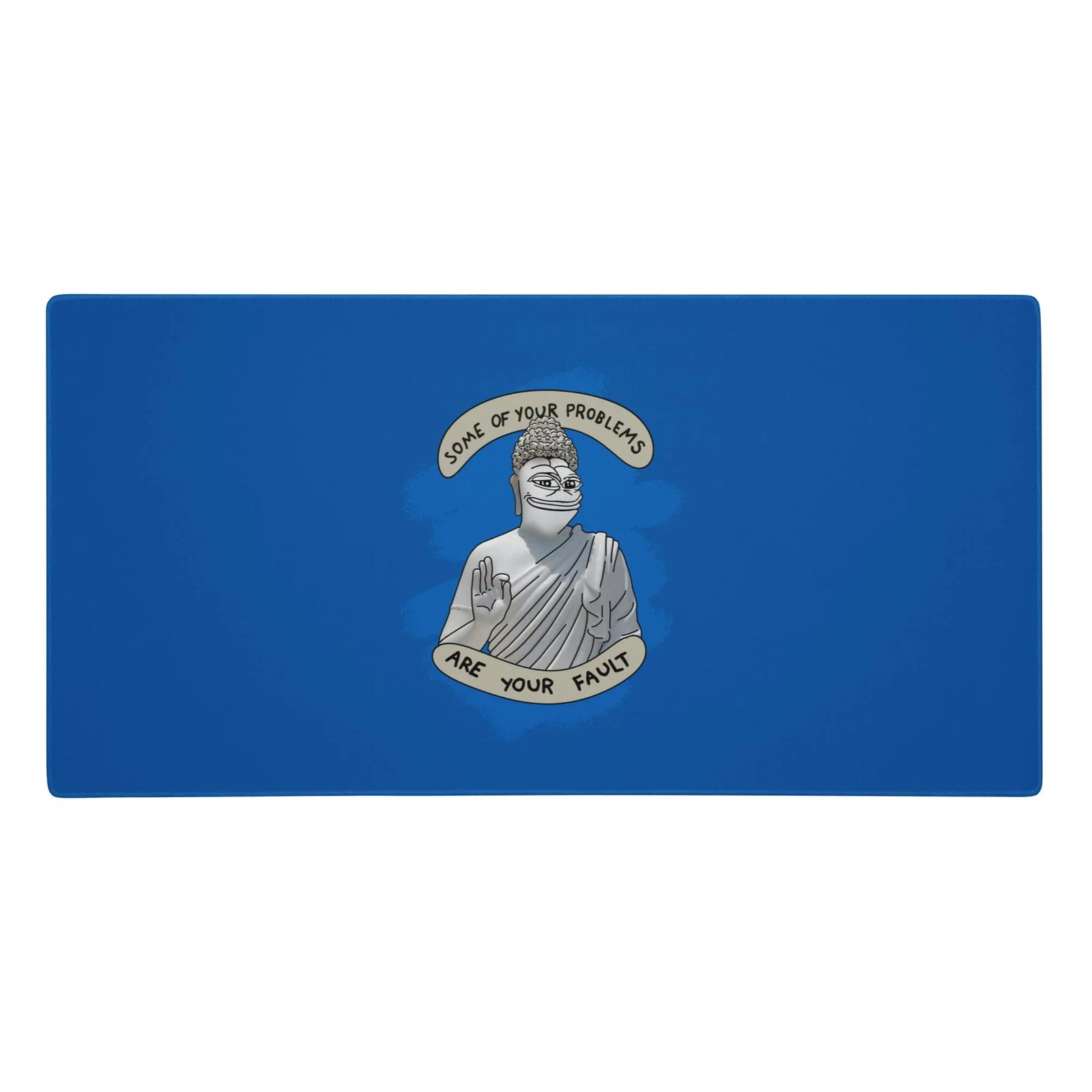 A solid "Cobalt Azure" background highlights a satirical digital graphic rendered in "Granite Grey" and "Limestone White." The design depicts a classical stone statue with a robed monastic body and the heavy-lidded head of a viral amphibian (chiseled to look like rock). Contact us with accessibility feedback, we'd love to help!