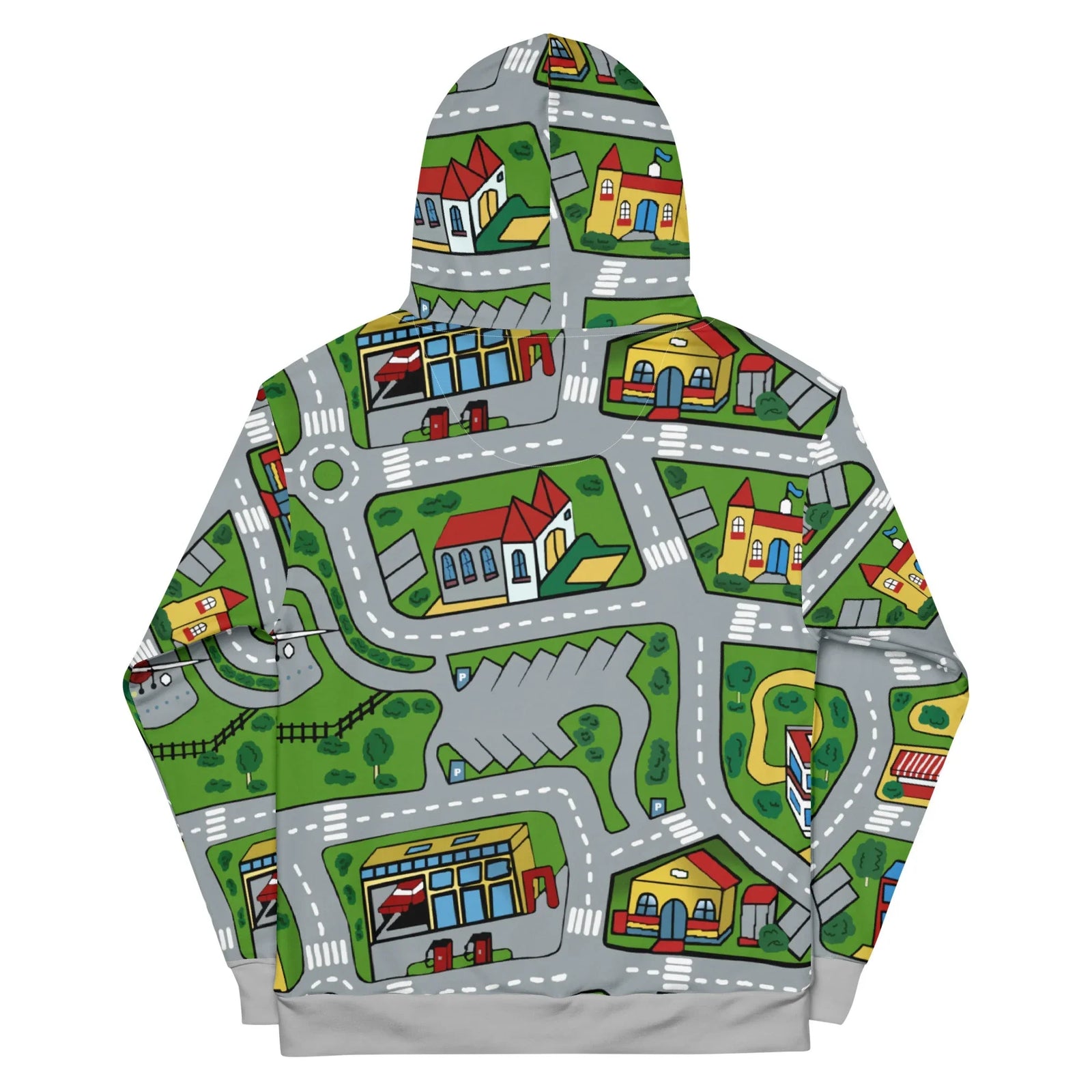 Car Carpet City Hoodie - The distinctive two-lane asphalt grey (#9E9E9E) thoroughfares cutting through islands of saturated synthetic turf green (#4CAF50) distinct to the classic playroom rug.