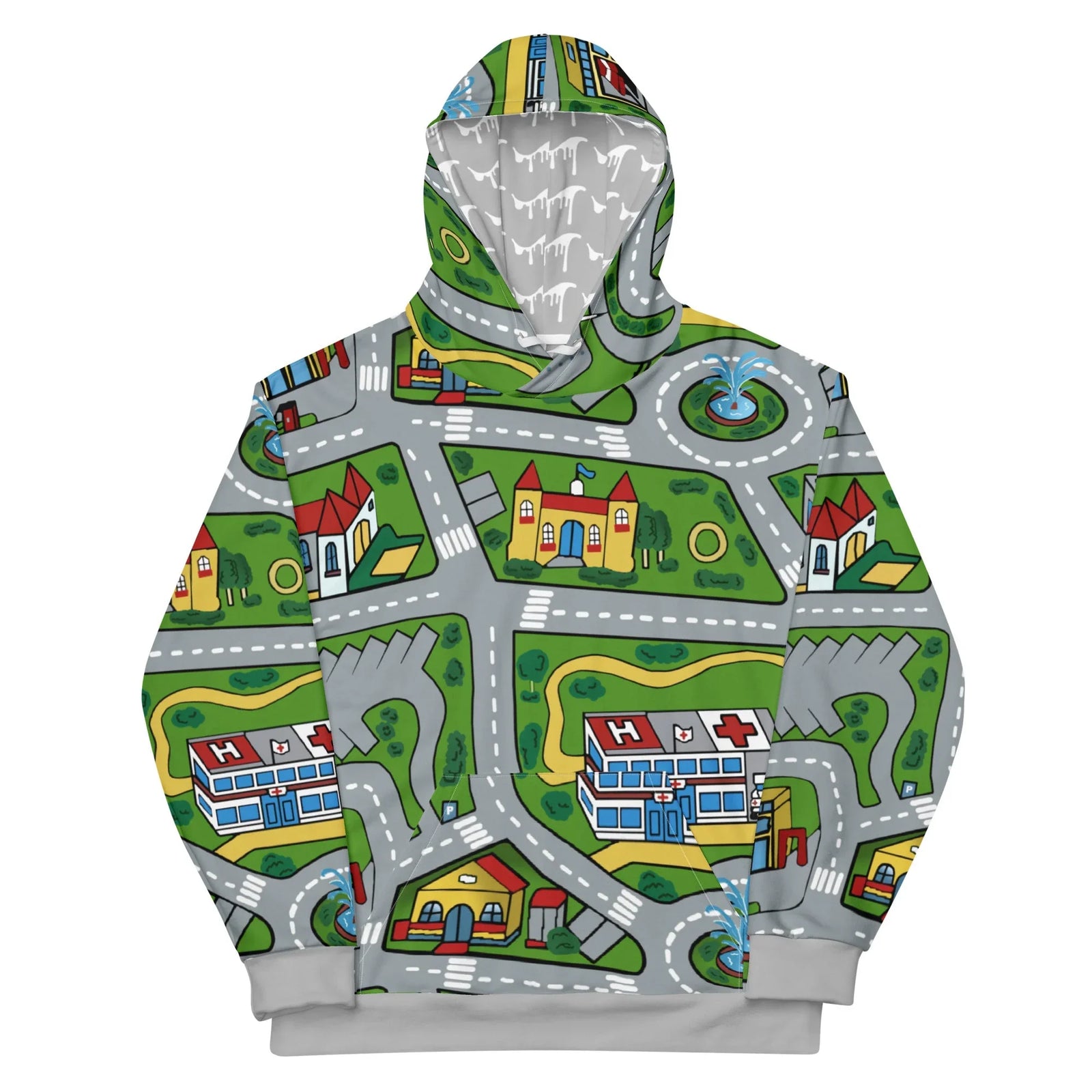 This hoodie transforms into a nostalgic children's traffic playmat, featuring winding grey asphalt streets with white lane markings that snake between vibrant green suburban islands. Contact us with accessibility feedback, we'd love to help!