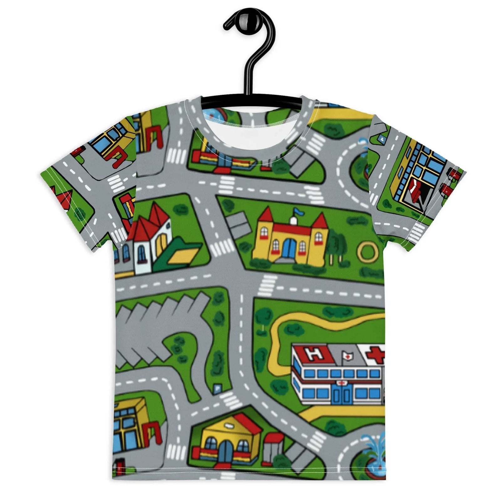 This kid's tee transforms the wearer into a living toy car playmat, featuring an aerial view of winding streets marked with white lane dividers and zebra crosswalks. Contact us with accessibility feedback, we'd love to help!