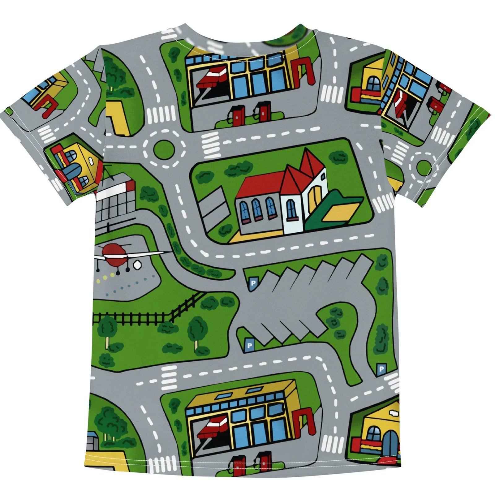 Car Carpet City Kid's Tee - The instantly recognizable Playground Turf Green (#4CAF50) sprawling between the winding Asphalt Pavement Greys (#9E9E9E), mimicking the texture of the original low-pile nylon rug.