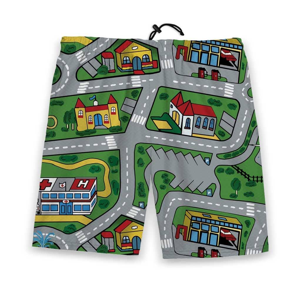 Car Carpet City Men's Gym Shorts - The recognizable winding gray roads (#7D8489) against the specific Astroturf green (#3A7D3A) that unlocked the "vroom vroom" imagination of an entire generation.
