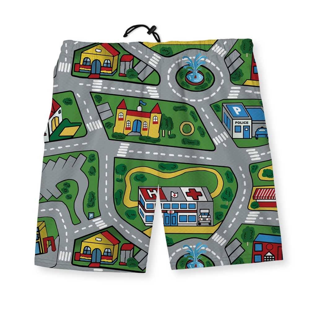 These men's gym shorts showcase a nostalgic bird's-eye view of a childhood traffic playmat—complete with winding gray roads, vibrant green lawns, and a miniature cityscape. Contact us with accessibility feedback, we'd love to help!