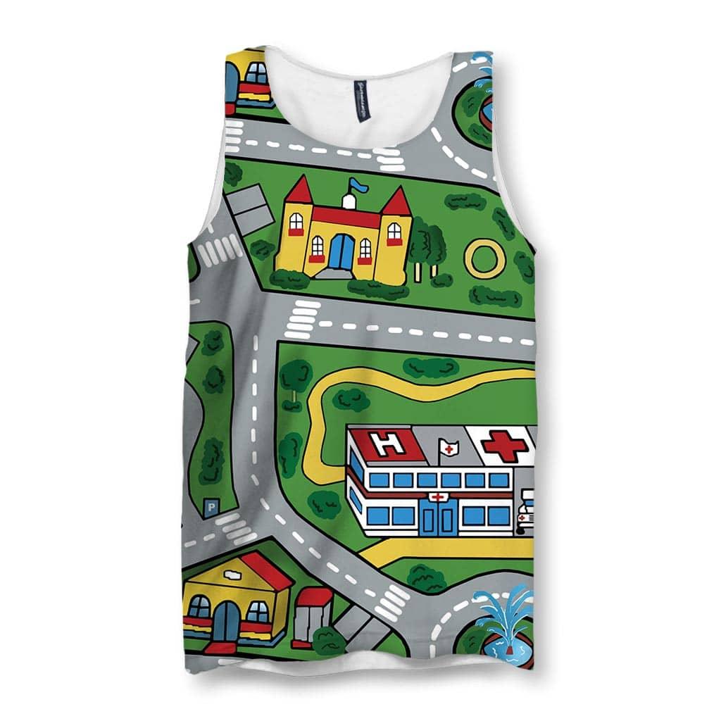This men's tank top transforms into a nostalgic children's city playmat, complete with winding gray roads (white dashed lines, zebra crossings) cutting through flat turf green zones. Contact us with accessibility feedback, we'd love to help!