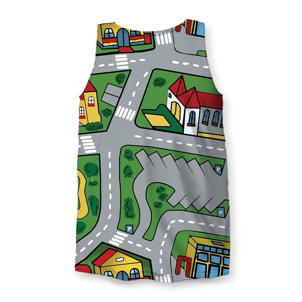 Car Carpet City Men's Tank - The distinct asphalt gray (#808080) two-lane road network cutting through turf green (#4CAF50) blocks, specifically the top-down perspective of the hospital helipad zone.
