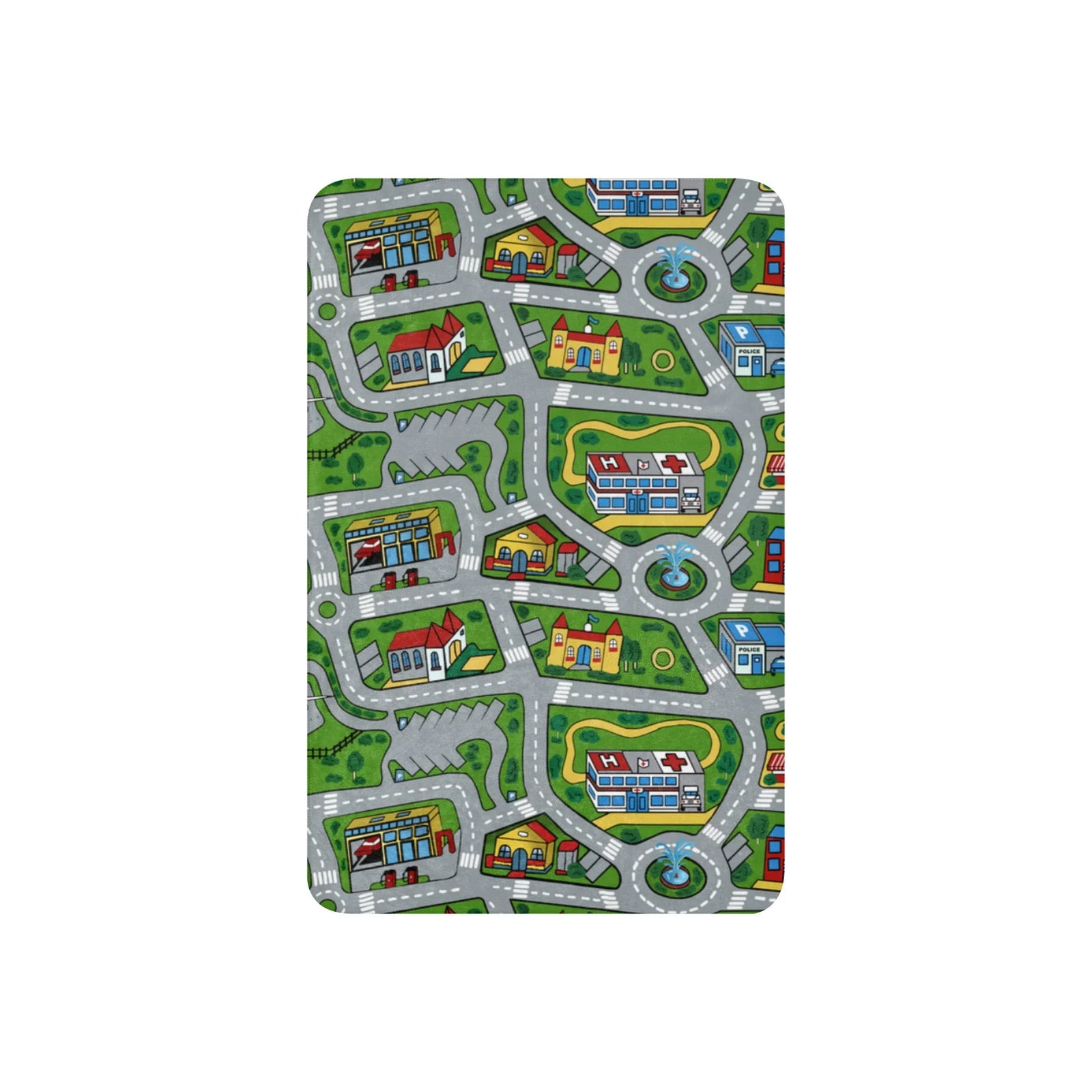 Car Carpet City Sherpa Blankets - The sprawling network of asphalt grey (#989EA4) winding through parkland green (#5D8842), specifically the recognizable aerial view of the roundabout and dashed white (#FFFFFF) lane markers.