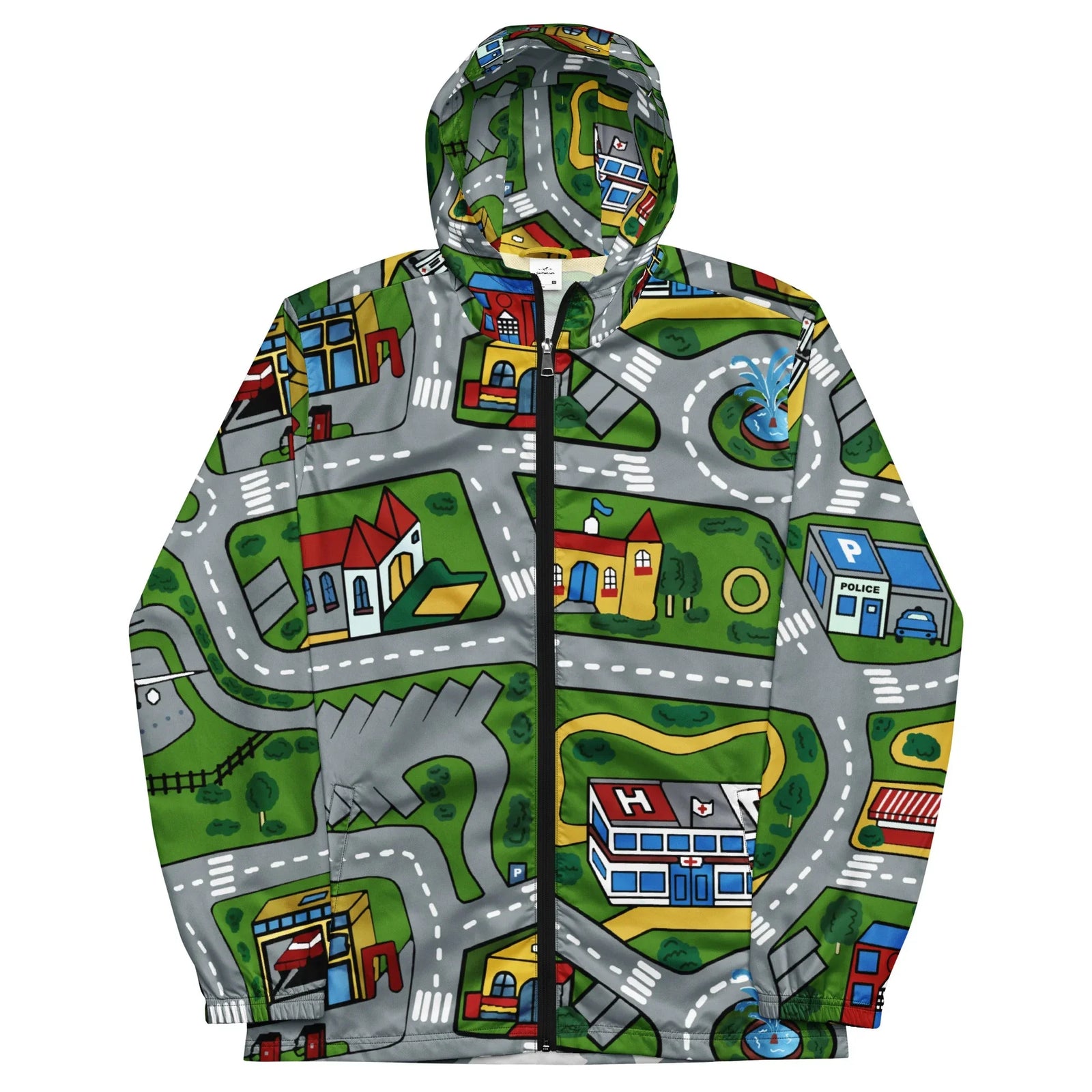 This windbreaker features a nostalgic children's playmat design—complete with winding grey streets, green lawns, and miniature buildings (including a red-cross medical center and blue police station). Contact us with accessibility feedback, we'd love to help!