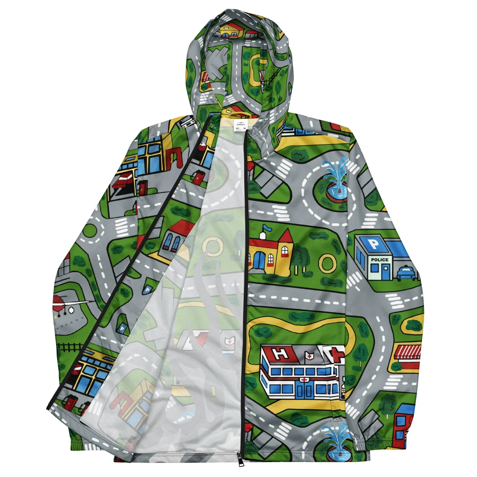 Car Carpet City Windbreaker - The distinctive looping asphalt grey (#7D8488) two-lane roads intersected by the unmistakable bright lawn green (#4A7729) negative space.