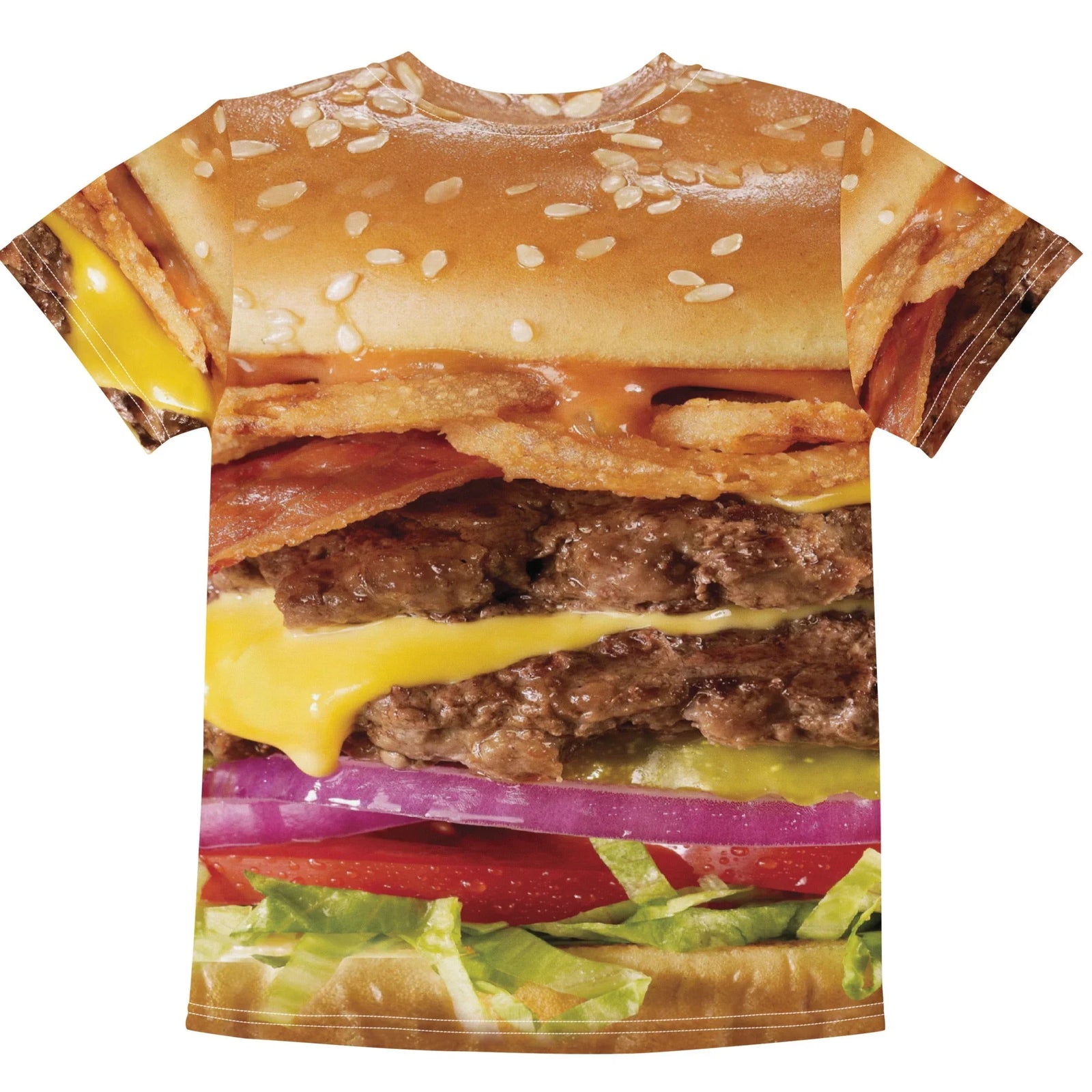 Cheeseburger Kid's Tee - The jarring optical illusion of the "char-grilled umami brown" (#4A2C2A) patties wrapping around the midsection, contrasting against the "toasted brioche gold" (#C49153) neckline.