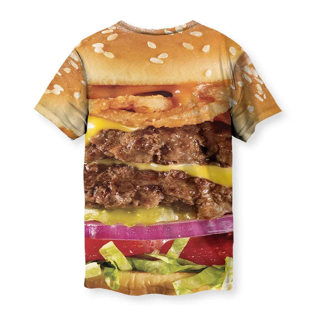 Cheeseburger T-Shirt - The specific transition from sesame seed shoulder placement (#D4A056) into the hyper-saturated melted American cheese (#FFC107), which forces the eye to process the human torso as a cylindrical food stack.
