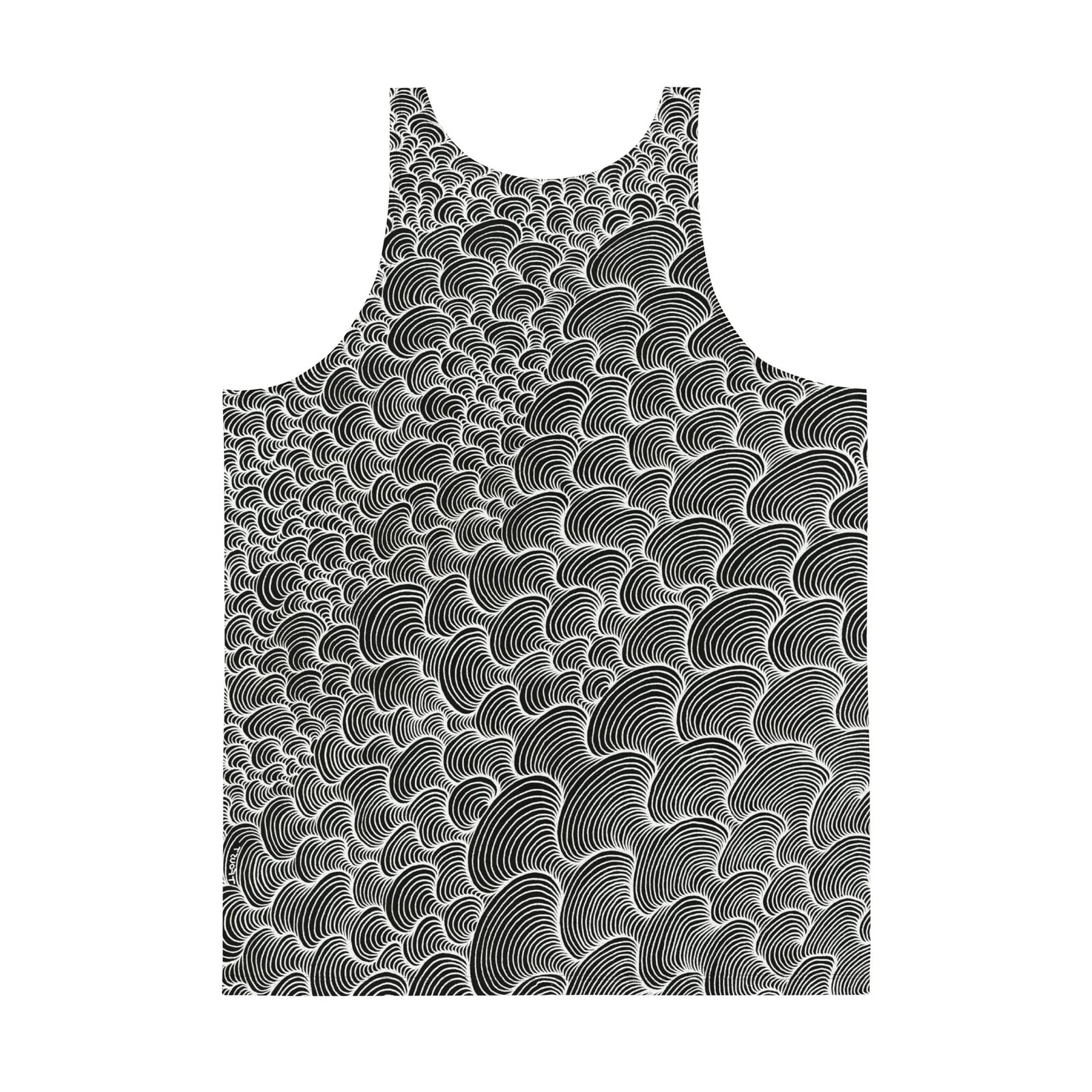 Color Wash Men's Tank - The unbroken Stark Optic White (#FFFFFF) path winding through Obsidian Black (#000000) negative space, mimicking magnified fingerprint ridges
