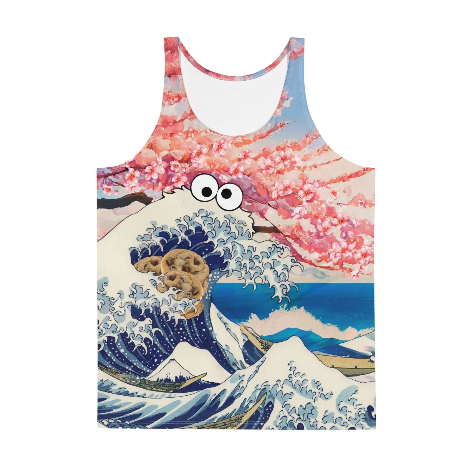 This surreal print fuses Japanese ukiyo-e art with pop culture whimsy, transforming a famous woodblock seascape into a ravenous, blue-furred puppet. Contact us with accessibility feedback, we'd love to help!