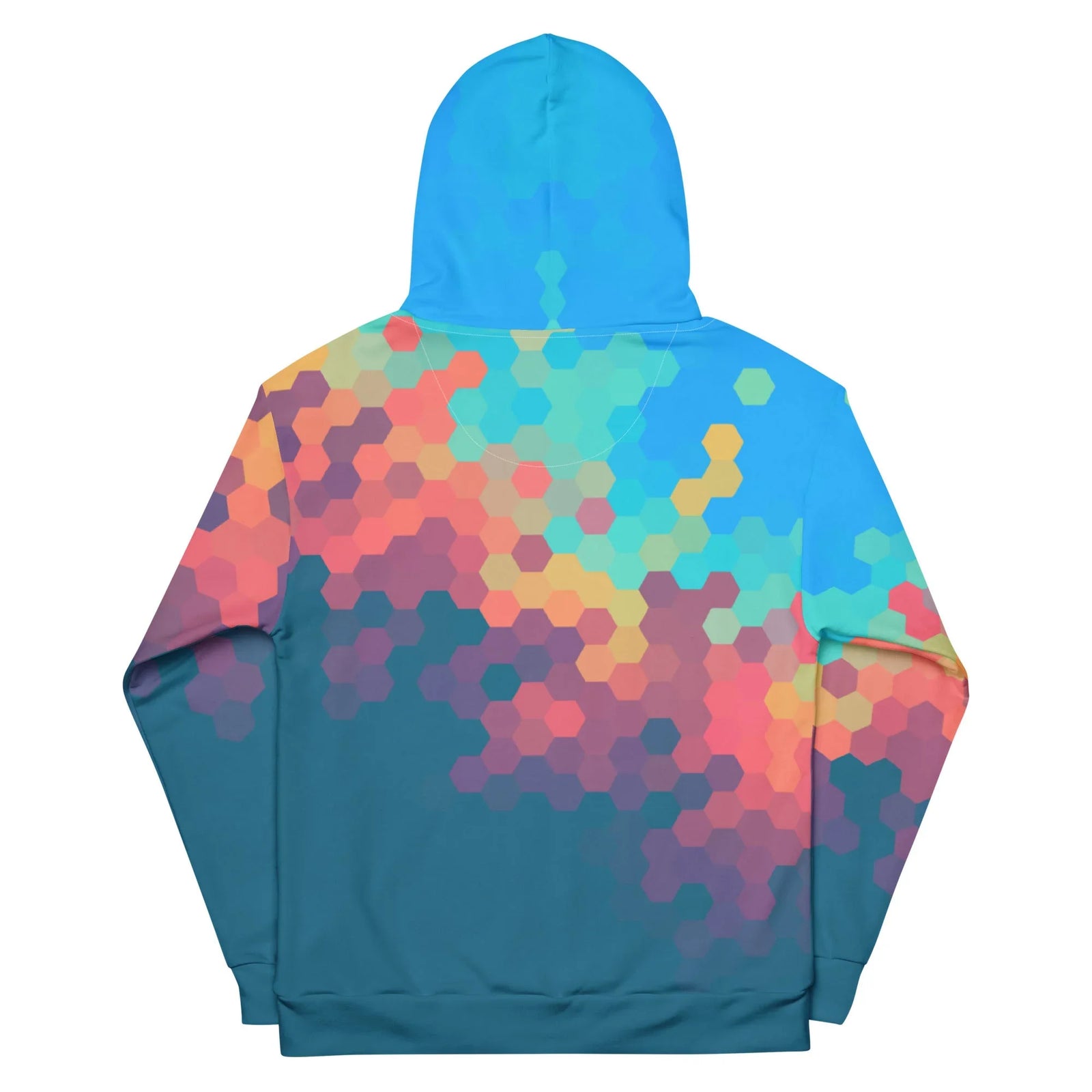Day Break Hoodie - The pixel-perfect transition from Electric Azure (#3498DB) hexagons into soft coral geometric zones, mimicking a high-resolution digital dawn and fading to deep Oceanic Petrol Blue (#1A5276) at the base.