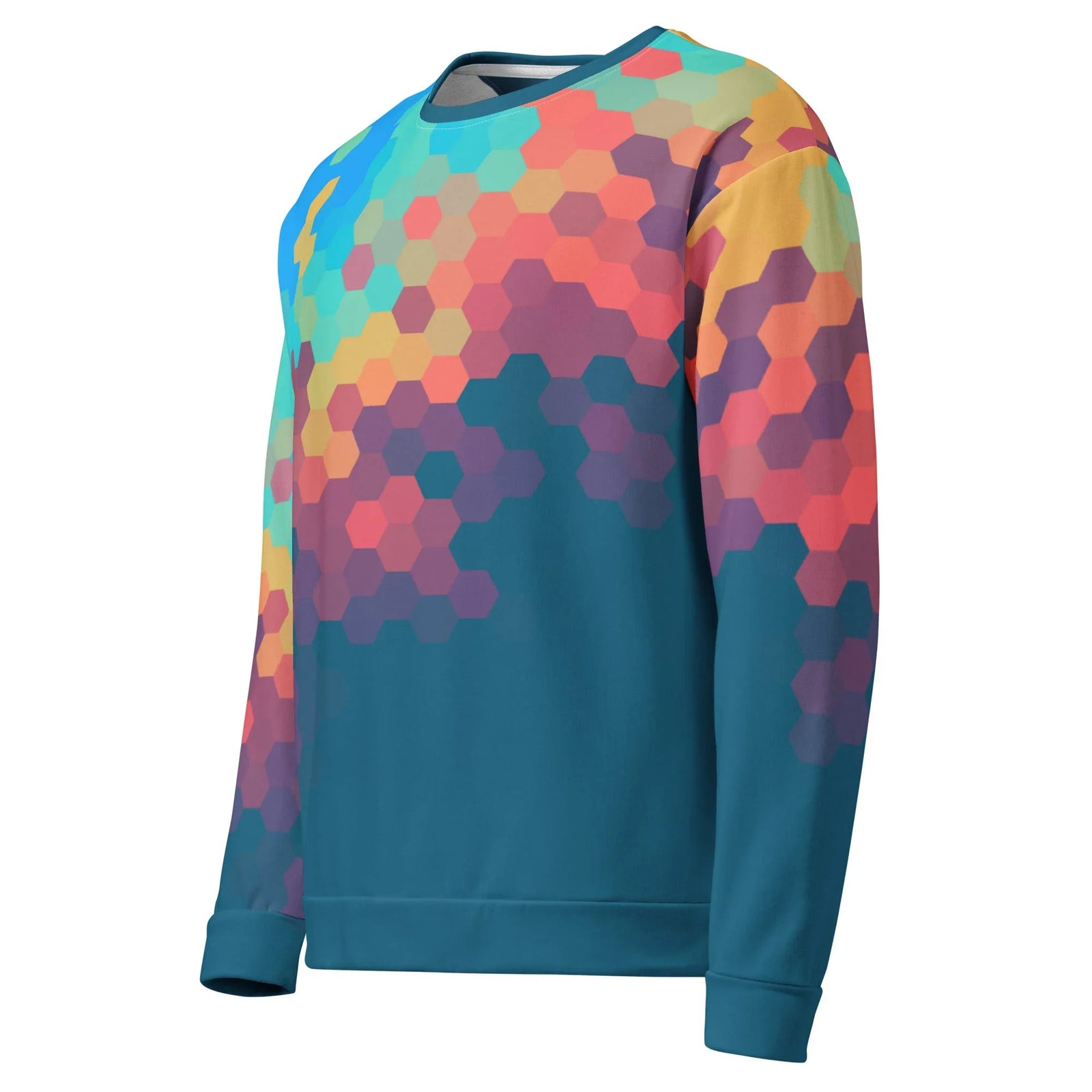 Day Break Sweatshirt in Geometric Sunrise Teal. OEKO-TEX® 100, REACH Compliant, GRS Certified.
