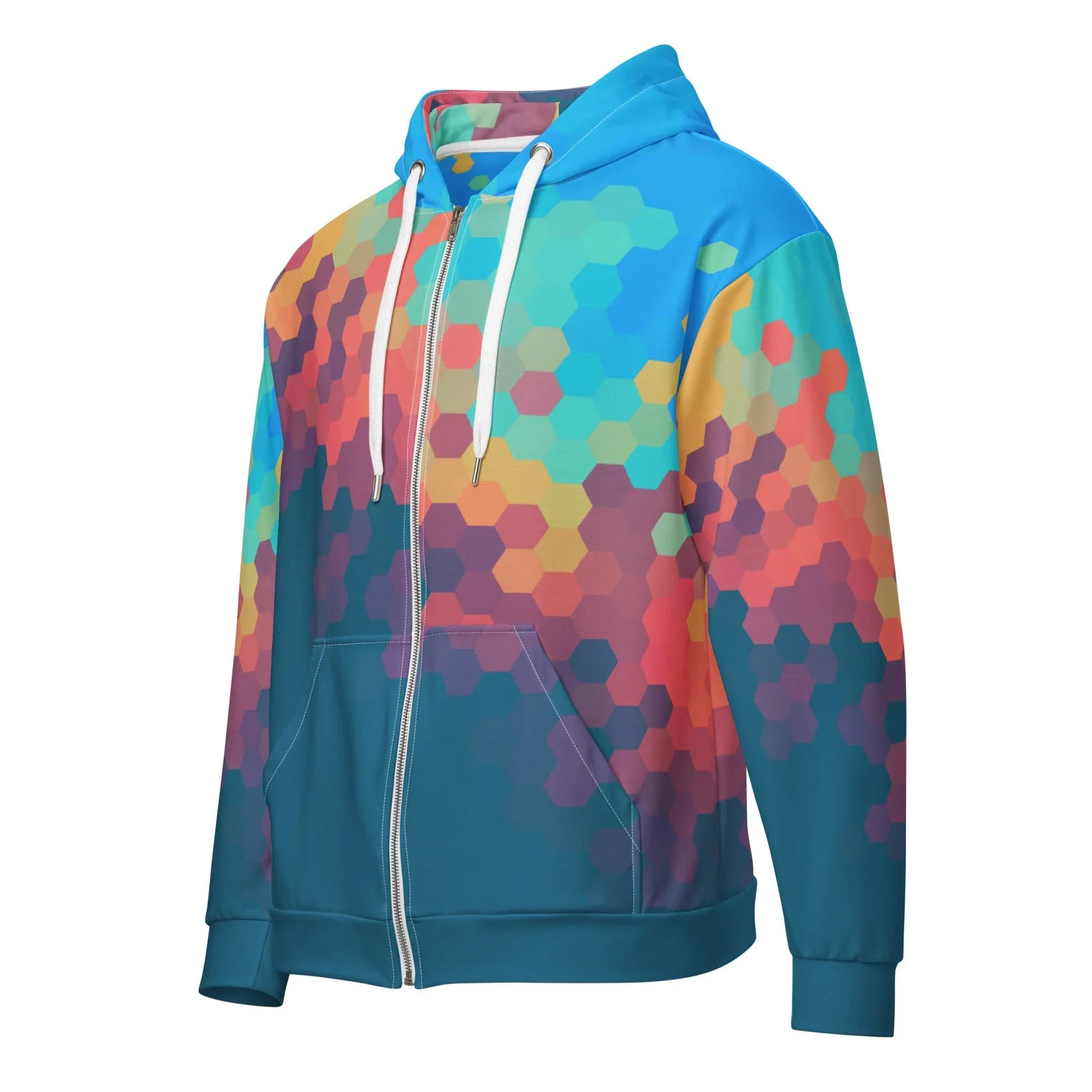 Anchored by a solid deep petrol teal base, this vibrant design features a cascading honeycomb pattern that fragments into interlocking hexagonal cells. Contact us with accessibility feedback, we'd love to help!