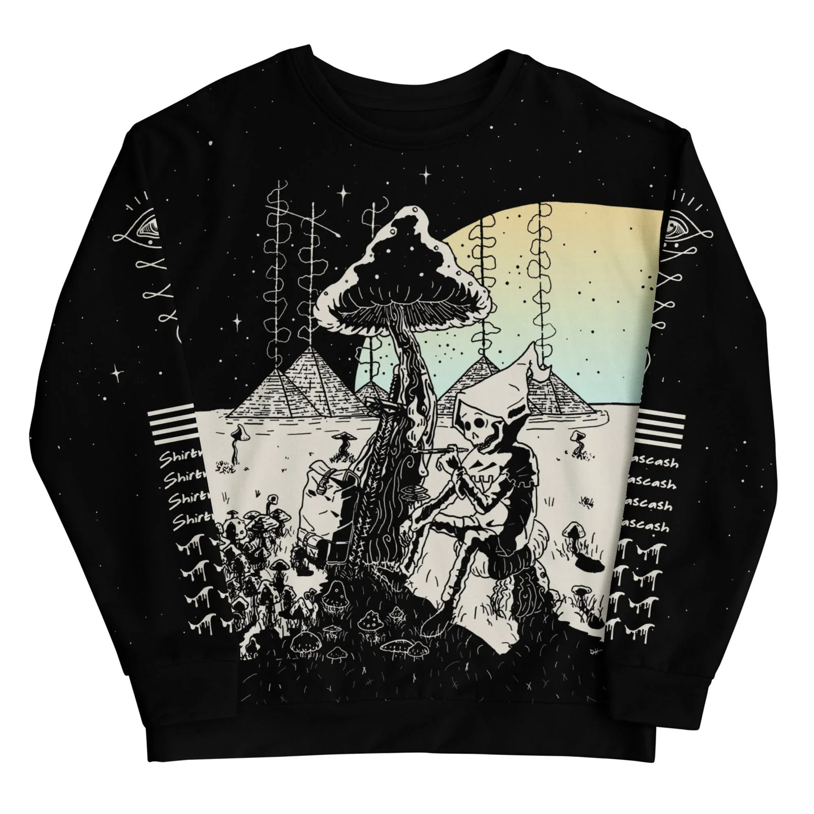 Resting on a deep obsidian black base, this surreal design centers on a hooded skeletal wanderer seated beneath a towering spotted mushroom. Contact us with accessibility feedback, we'd love to help!