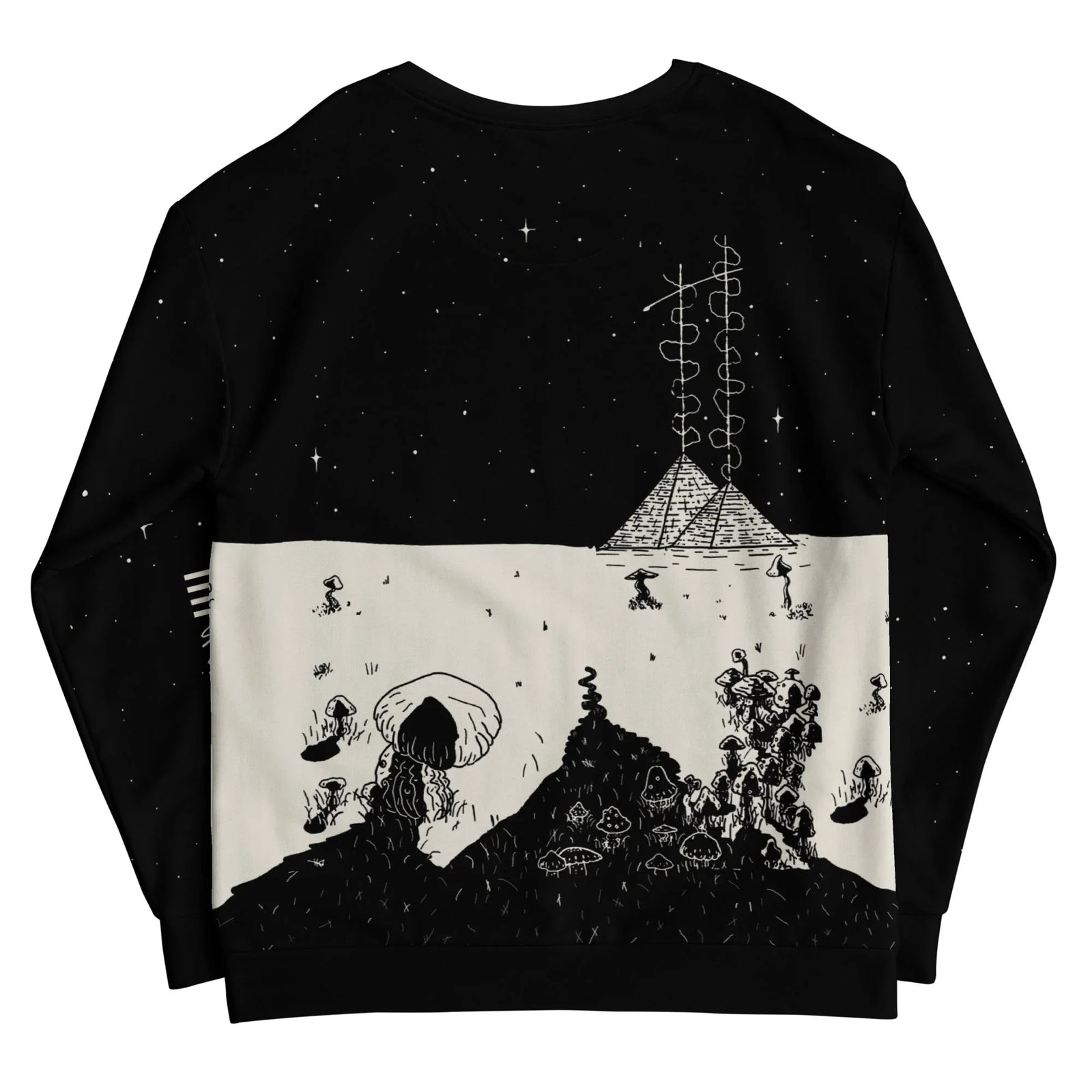 Death is Cool Sweatshirt - The hooded skeletal figure smoking a pipe beneath a giant spotted mushroom, framed by the pale celestial yellow (#FFFACD) to aquatic blue (#AFEEEE) sky.