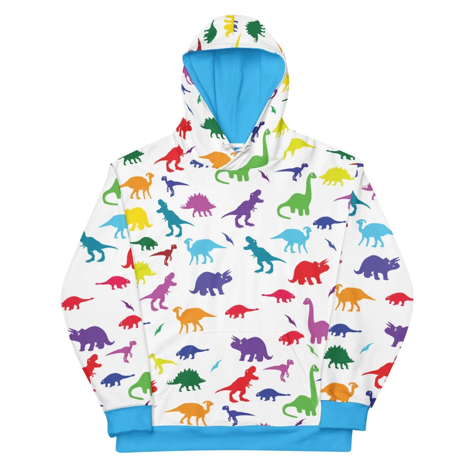 A chaotic yet balanced scatter pattern of dinosaur silhouettes creates a playful prehistoric mosaic against a stark white base. Contact us with accessibility feedback, we'd love to help!