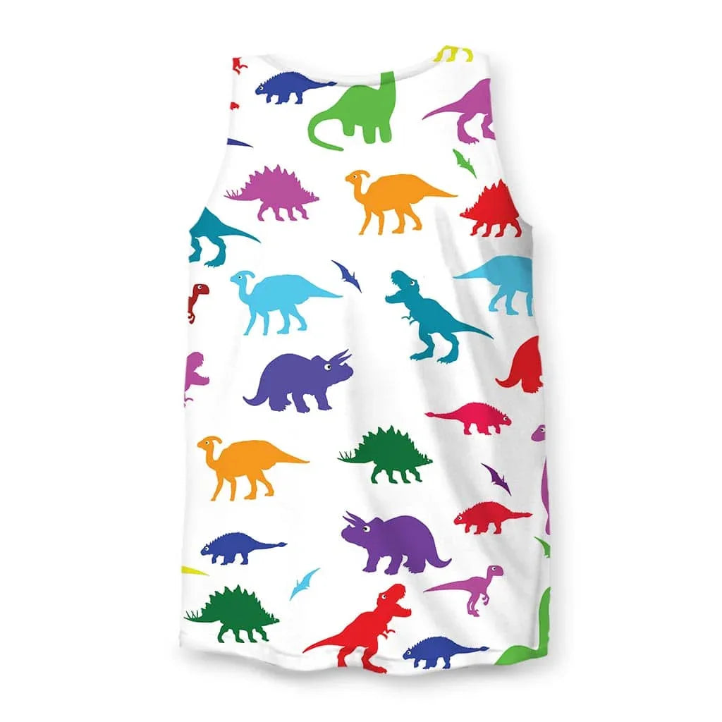 Dino Print Men's Tank - The "museum gift shop" color palette, specifically the Lime Green (#32CD32) sauropod, Royal Purple (#6A0DAD) triceratops, Crimson Red (#DC143C) carnivores, and Teal (#008B8B) pterosaurs set against the stark optic white (#FFFFFF) negative space