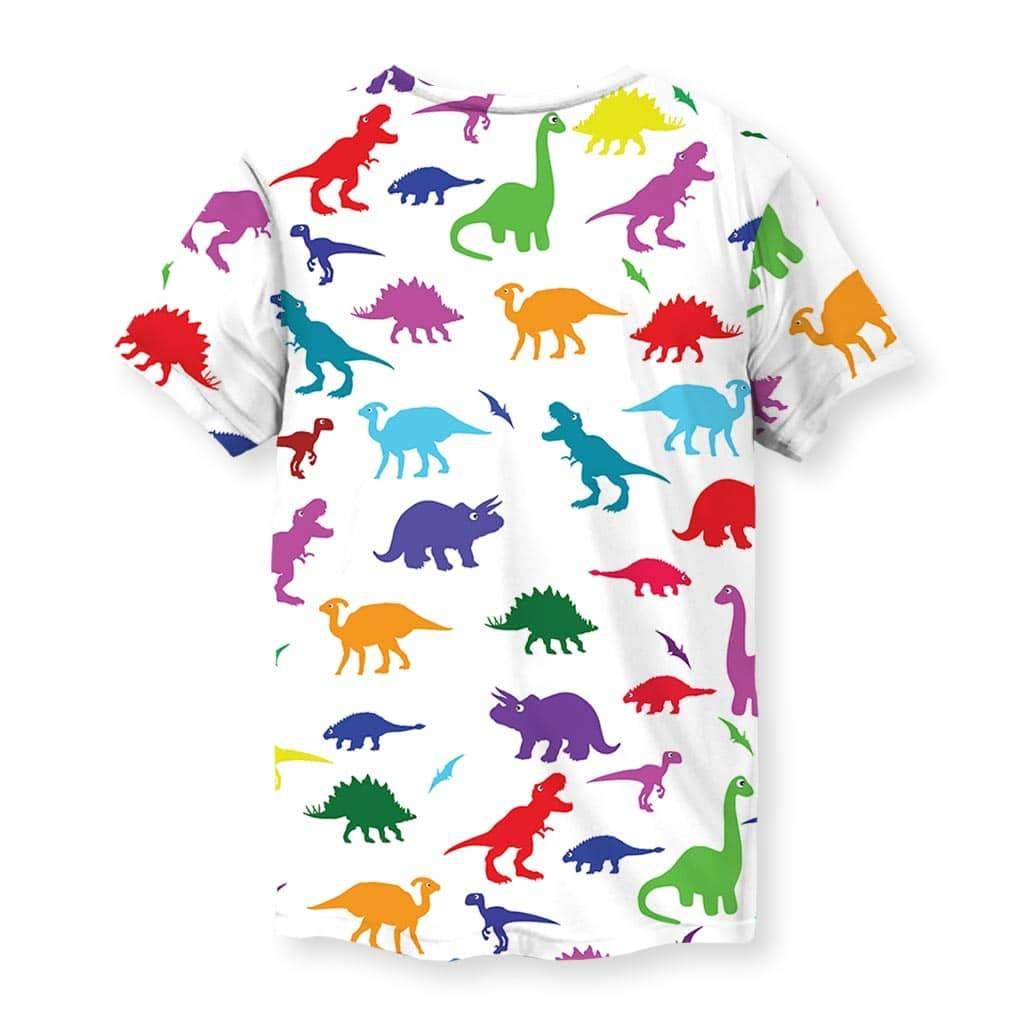 Dino Print T-Shirt in Jurassic Spectrum White. OEKO-TEX® 100, REACH Compliant, Zero-Wastewater Printing.