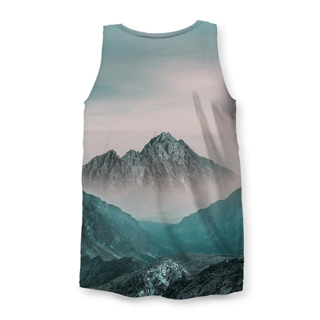 Everest Men's Tank - The floating black geometric frame (#1C2124) superimposed over the organic peak, creating a deliberate break in the photorealism, enhanced by semi-transparent rectangular overlays and glacial turquoise mists (#5F8A8B).