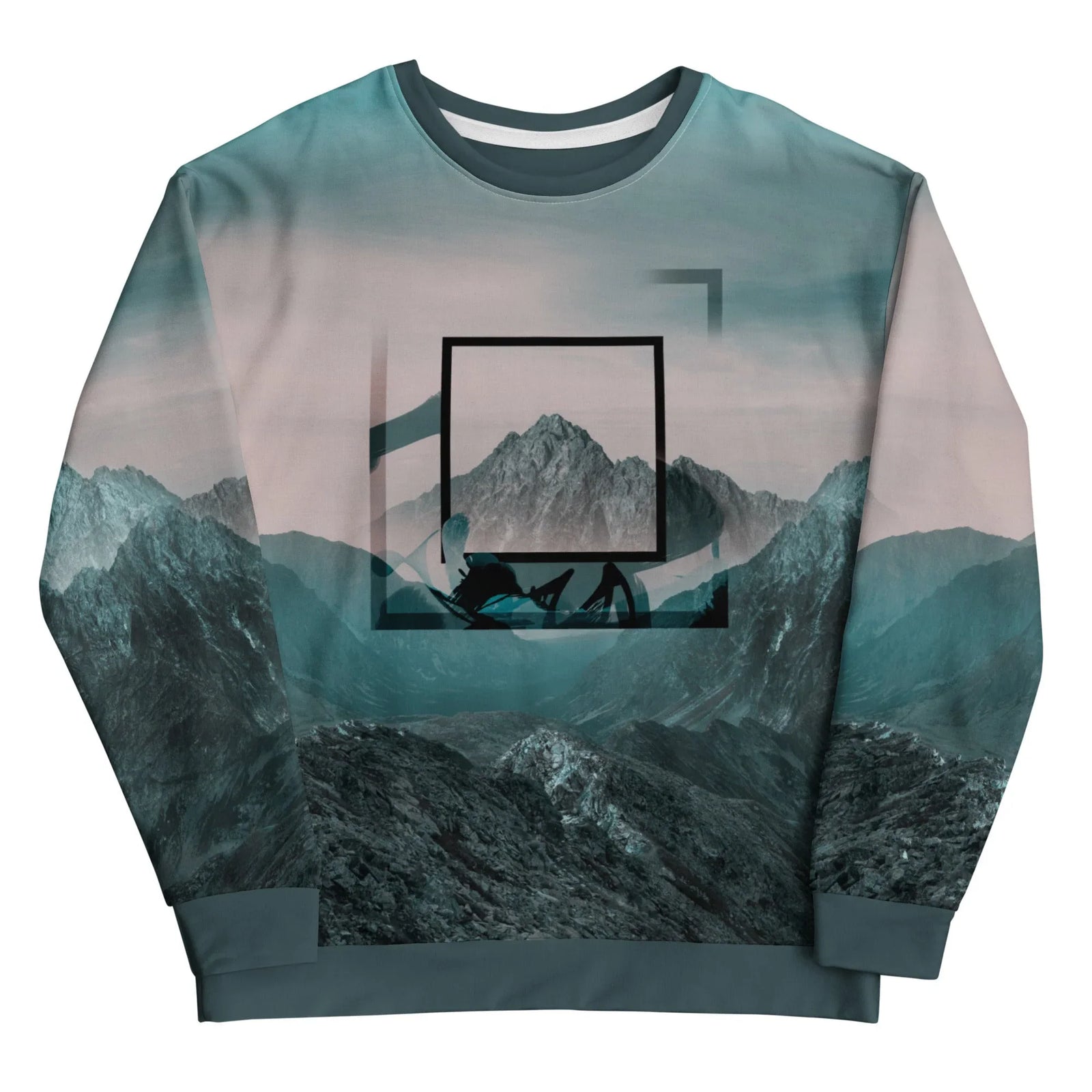 This sweatshirt showcases a photorealistic alpine twilight landscape, with moody teal skies melting into dusty rose at the horizon. Contact us with accessibility feedback, we'd love to help!