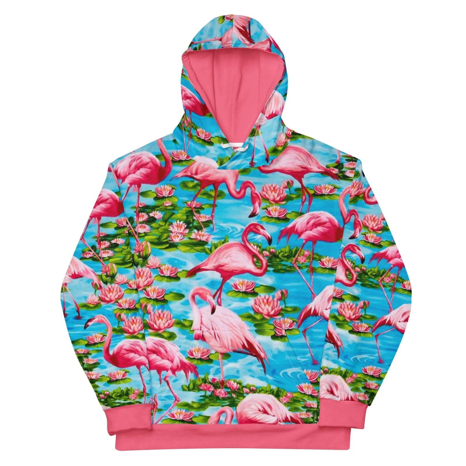 Dominated by stylized flamingos in hot coral pink and soft salmon, this lush tropical scene captures the birds in naturalistic poses (standing, preening, dipping beaks). Contact us with accessibility feedback, we'd love to help!
