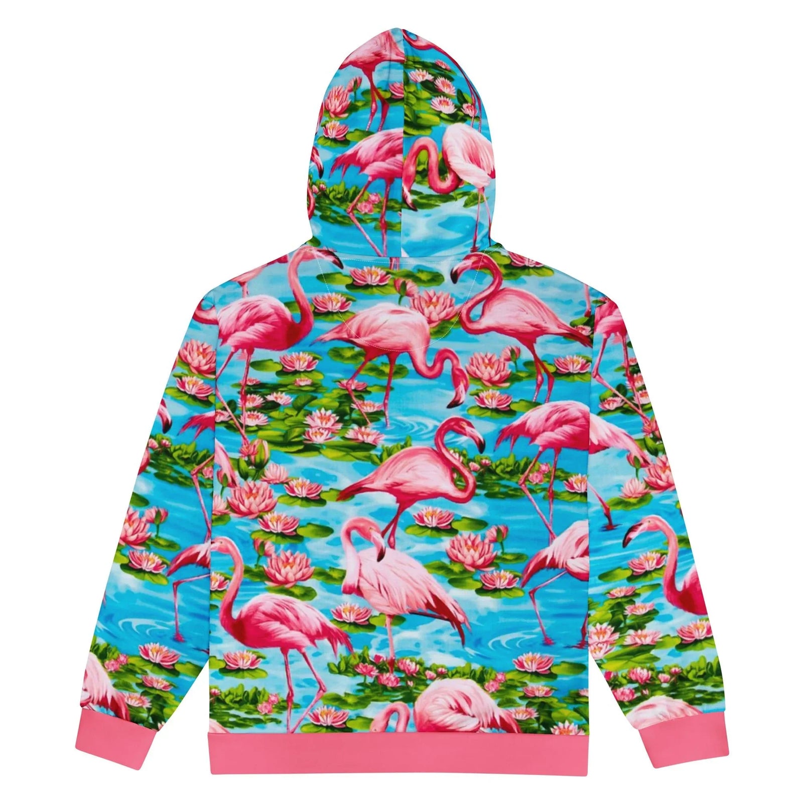 Flamingo Paradise Zip Hoodie - The high-contrast vibration between the lagoon blue (#009FE3) ripples and the repetitive, aggressive hot pink (#FF5A7E) avian silhouettes