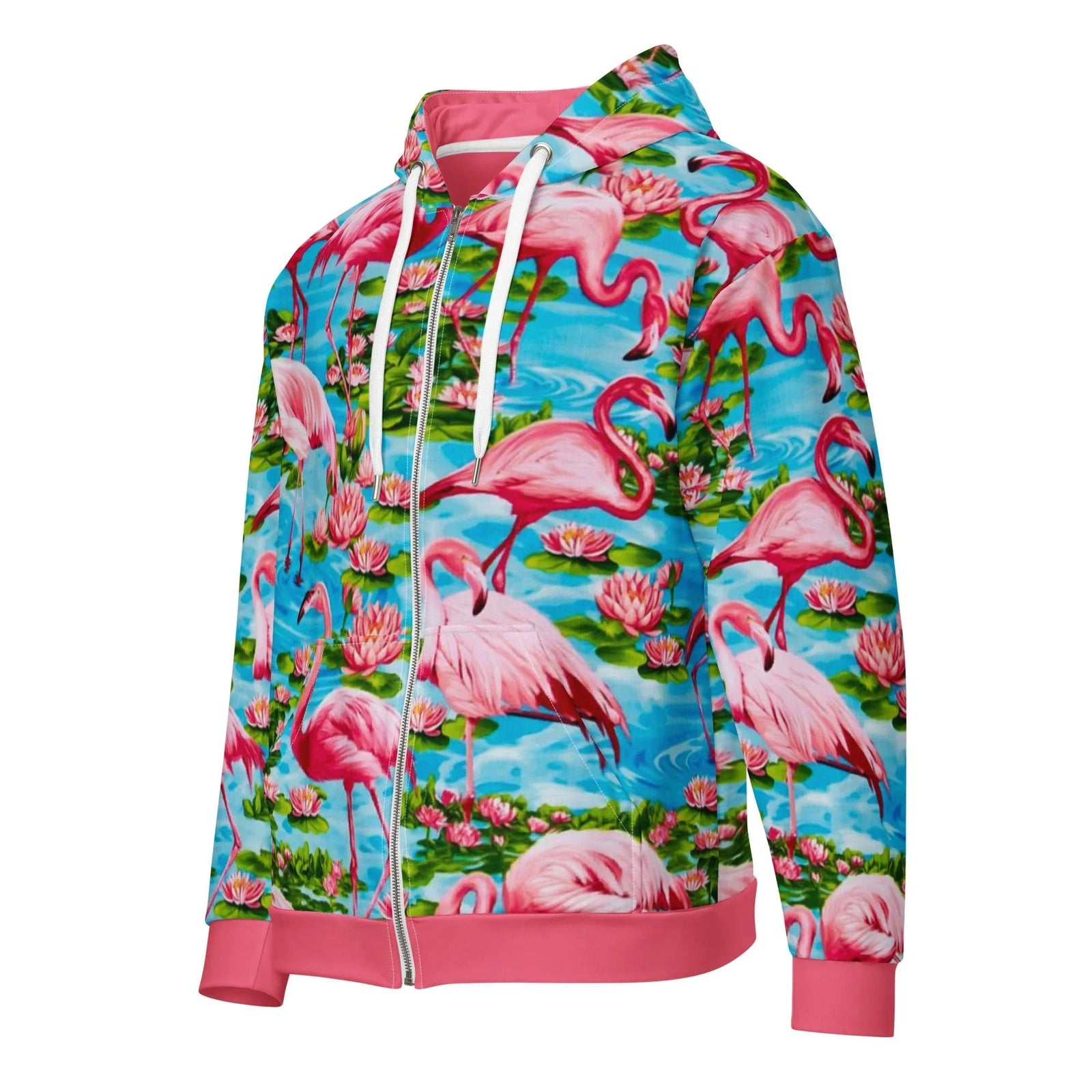 Flamingo Paradise Zip Hoodie in Tropical Lagoon & Coral. OEKO-TEX® 100, REACH Compliant, GRS Certified.
