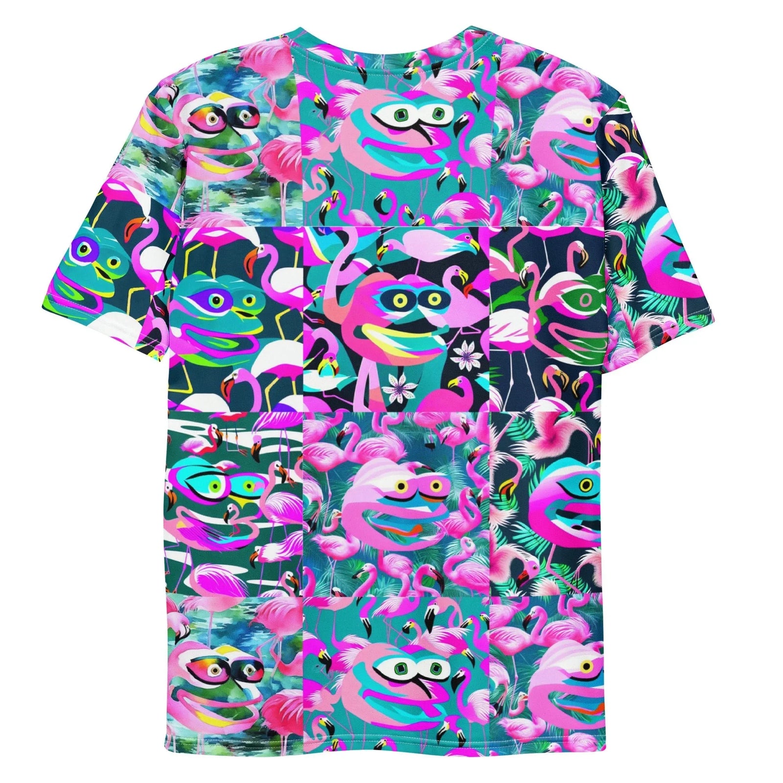 Flamingo Pepe T-Shirt - The distorted, "Feels Good Man" amphibian visage rendered in electric magenta (#FF00FF), juxtaposed against glitch-art palm fronds in luminous cyan (#00FFFF) and deep midnight navy (#191970).