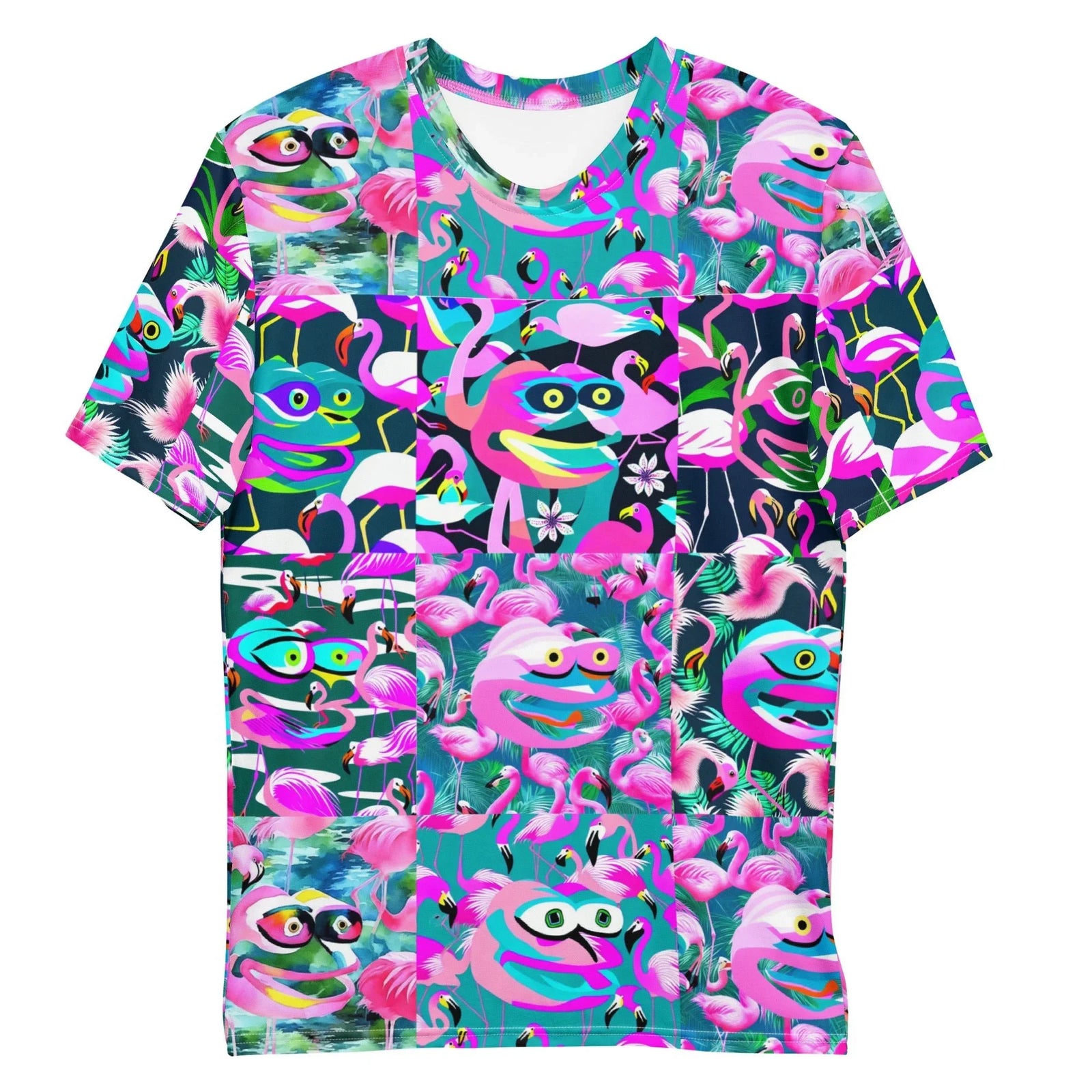 This chaotic checkerboard collage alternates between scenic tropical vignettes and surreal, psychedelic renditions of a ubiquitous internet frog. Contact us with accessibility feedback, we'd love to help!