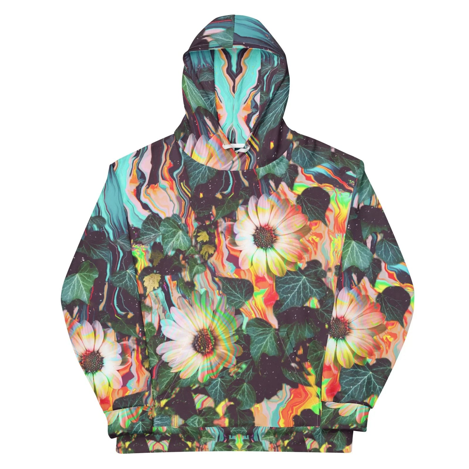 Merging botanical realism with psychedelic digital distortion, large photorealistic ghost white daisies vibrate with chromatic aberration (creating a trippy 3D-glasses effect). Contact us with accessibility feedback, we'd love to help!
