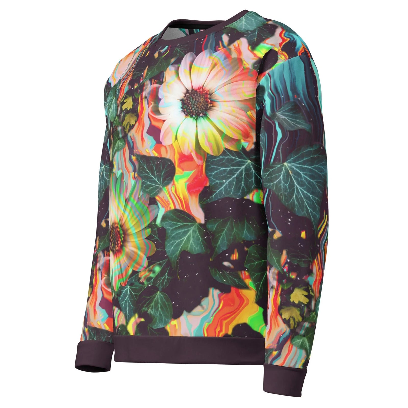 Floral Glitch Sweatshirt in Psychedelic Aubergine Meltdown. OEKO-TEX® 100, REACH Compliant, GRS Certified.