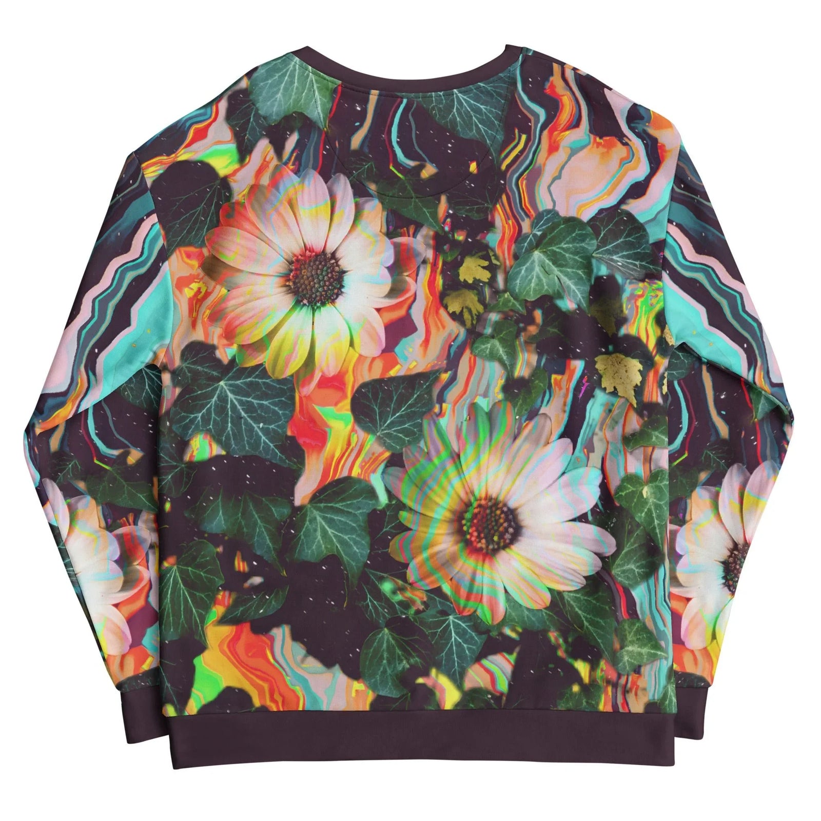 Floral Glitch Sweatshirt - The high-contrast white daisies melting into corrupted video scanlines of electric cyan (#00FFFF), magma orange (#FF4F00), and acid yellow (#FFFF00)