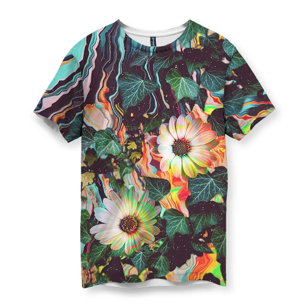 Floral Glitch T-Shirt - The high-contrast "melt" where organic white daisy petals dissolve into bands of #4ECDC4 seafoam and #FF7F50 coral, mimicking a corrupted .JPG file or broken GPU rendering