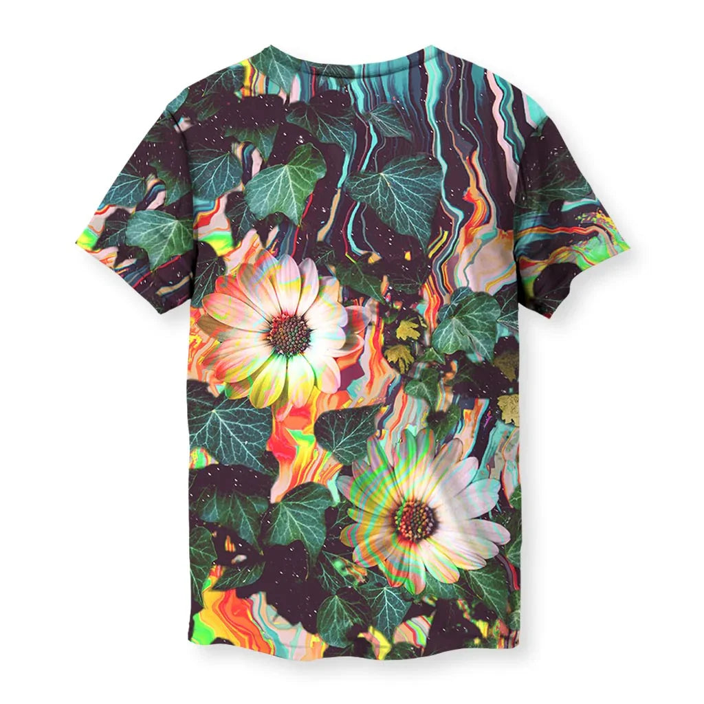 Floral Glitch T-Shirt in Digital Garden Static. OEKO-TEX® 100, REACH Compliant, Zero-Wastewater Printing.