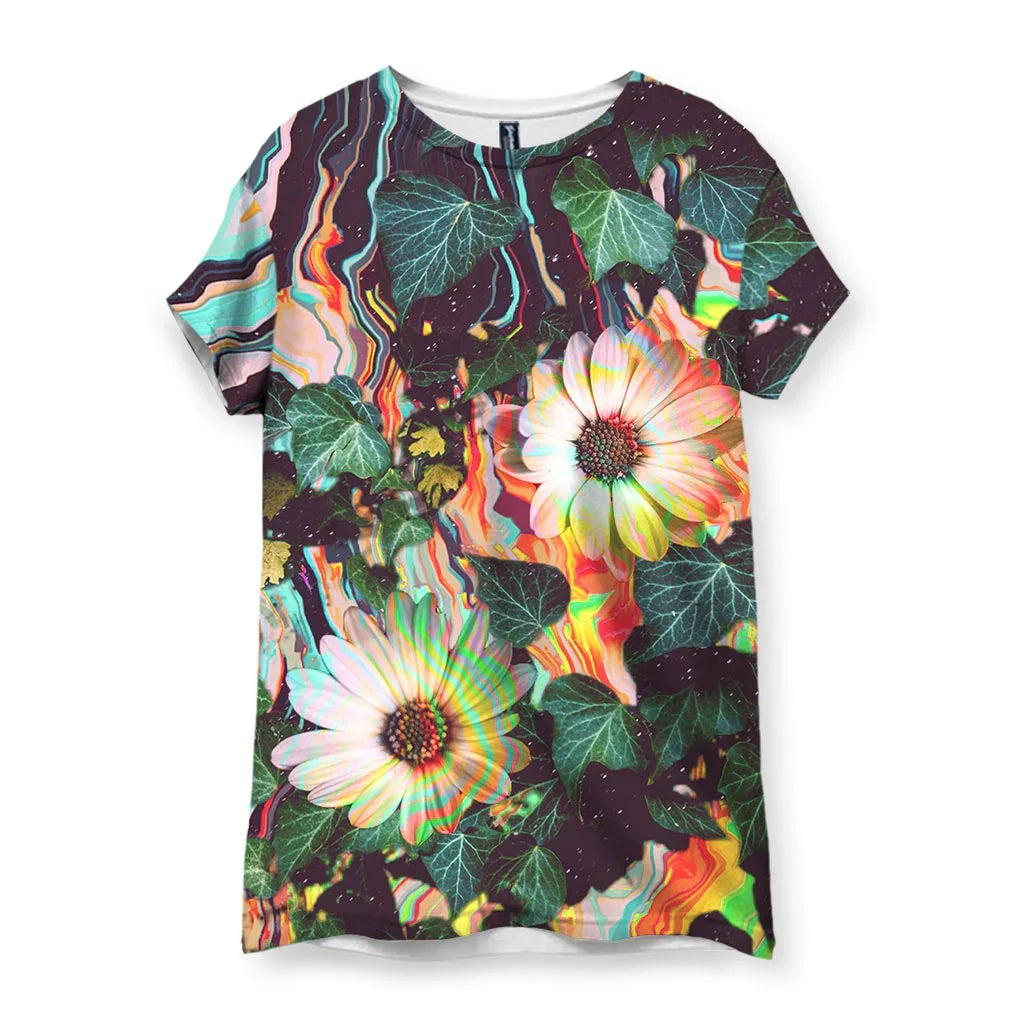 High-definition white African daisies and forest green ivy float over a deep plum void, blending botanical realism with surreal digital distortion. Contact us with accessibility feedback, we'd love to help!